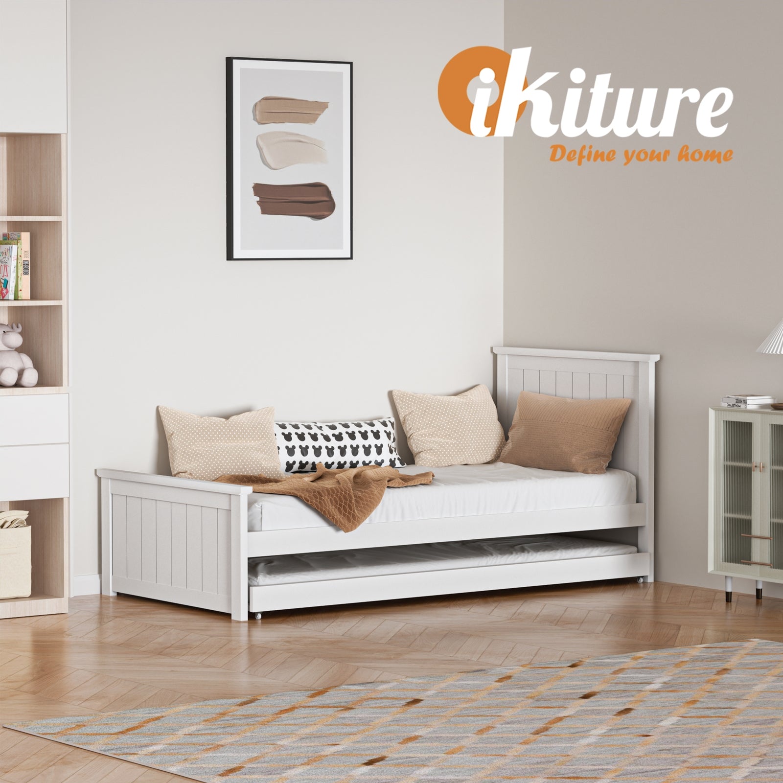 Oikiture Trundle Bed Frame Single Size Beds Base Wooden Daybed White - Sunyee