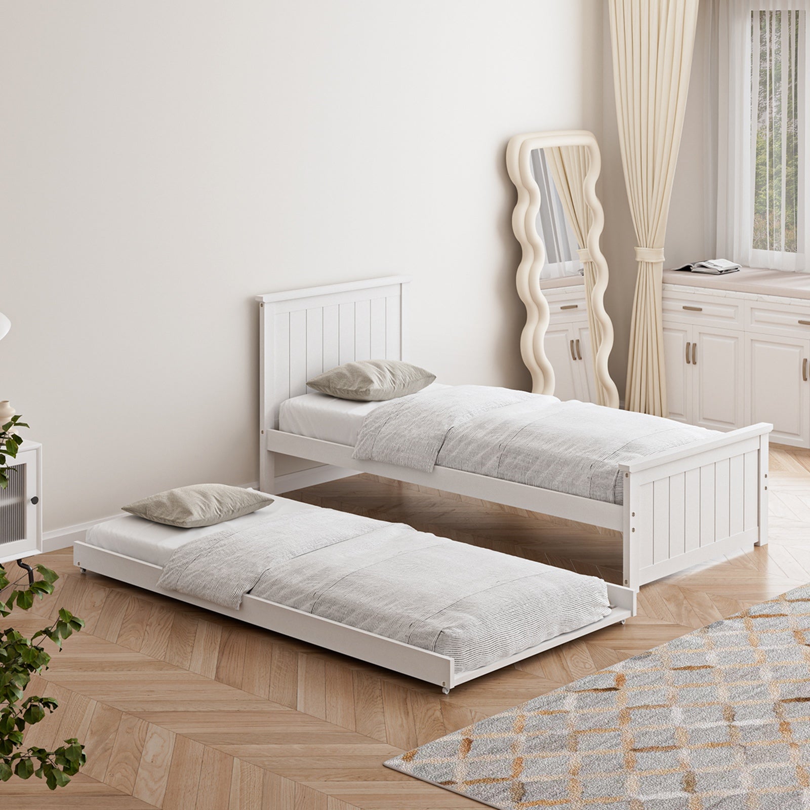 Oikiture Trundle Bed Frame Single Size Beds Base Wooden Daybed White - Sunyee