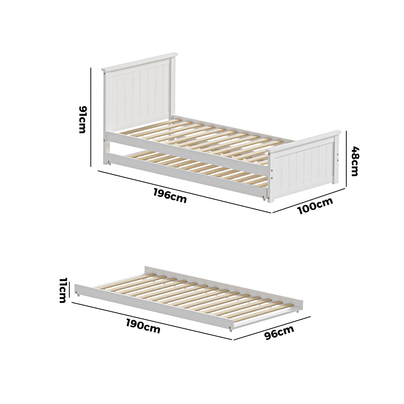 Oikiture Trundle Bed Frame Single Size Beds Base Wooden Daybed White - Sunyee