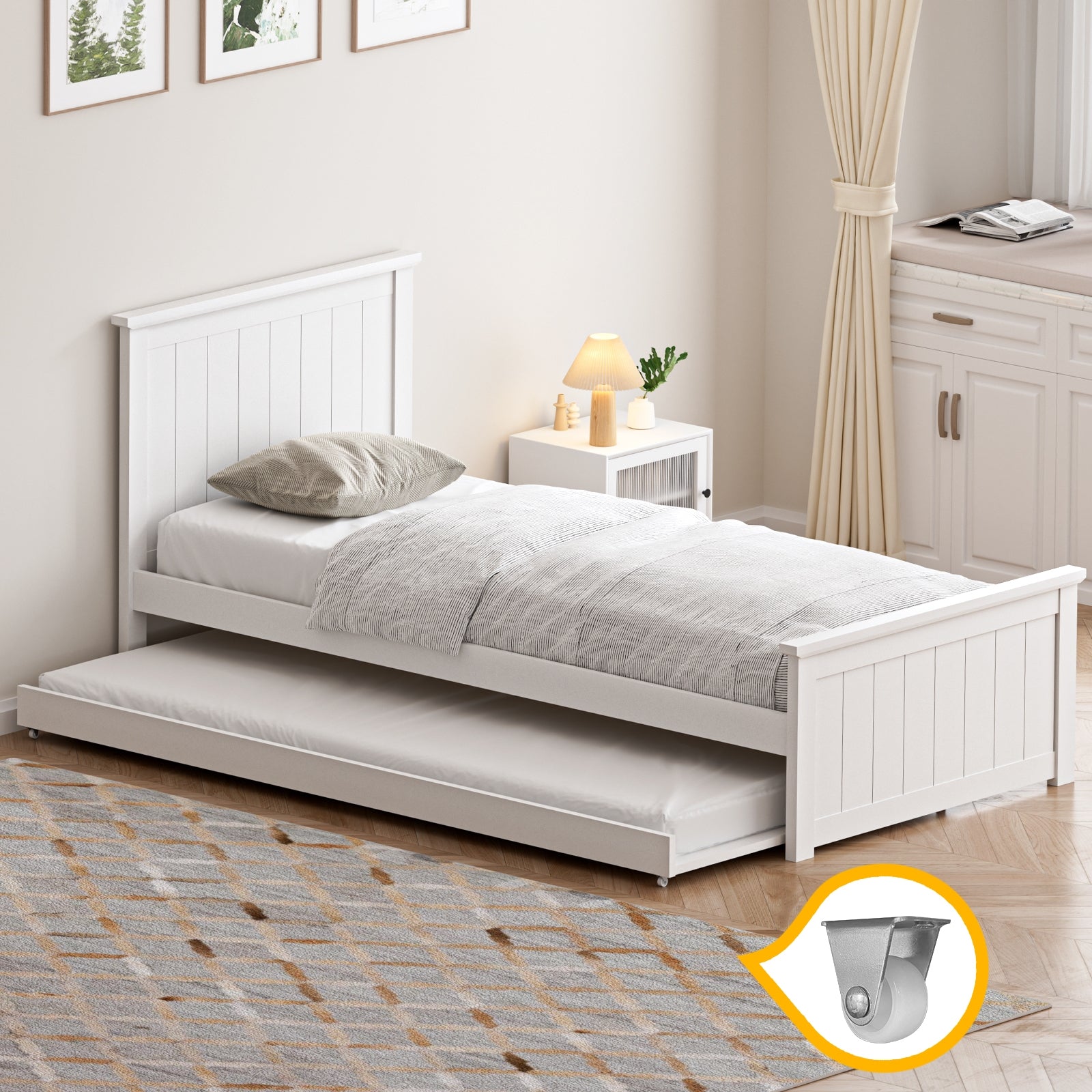 Oikiture Trundle Bed Frame Single Size Beds Base Wooden Daybed White - Sunyee