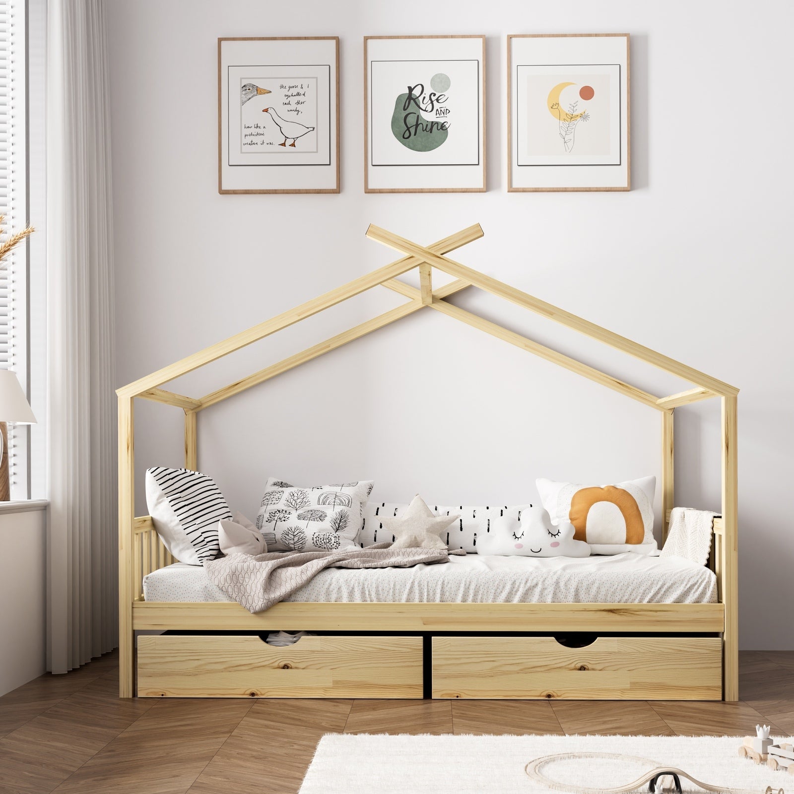 Oikiture Bed Frame Wooden Single Size Timber House Frame With Storage Drawers - Sunyee