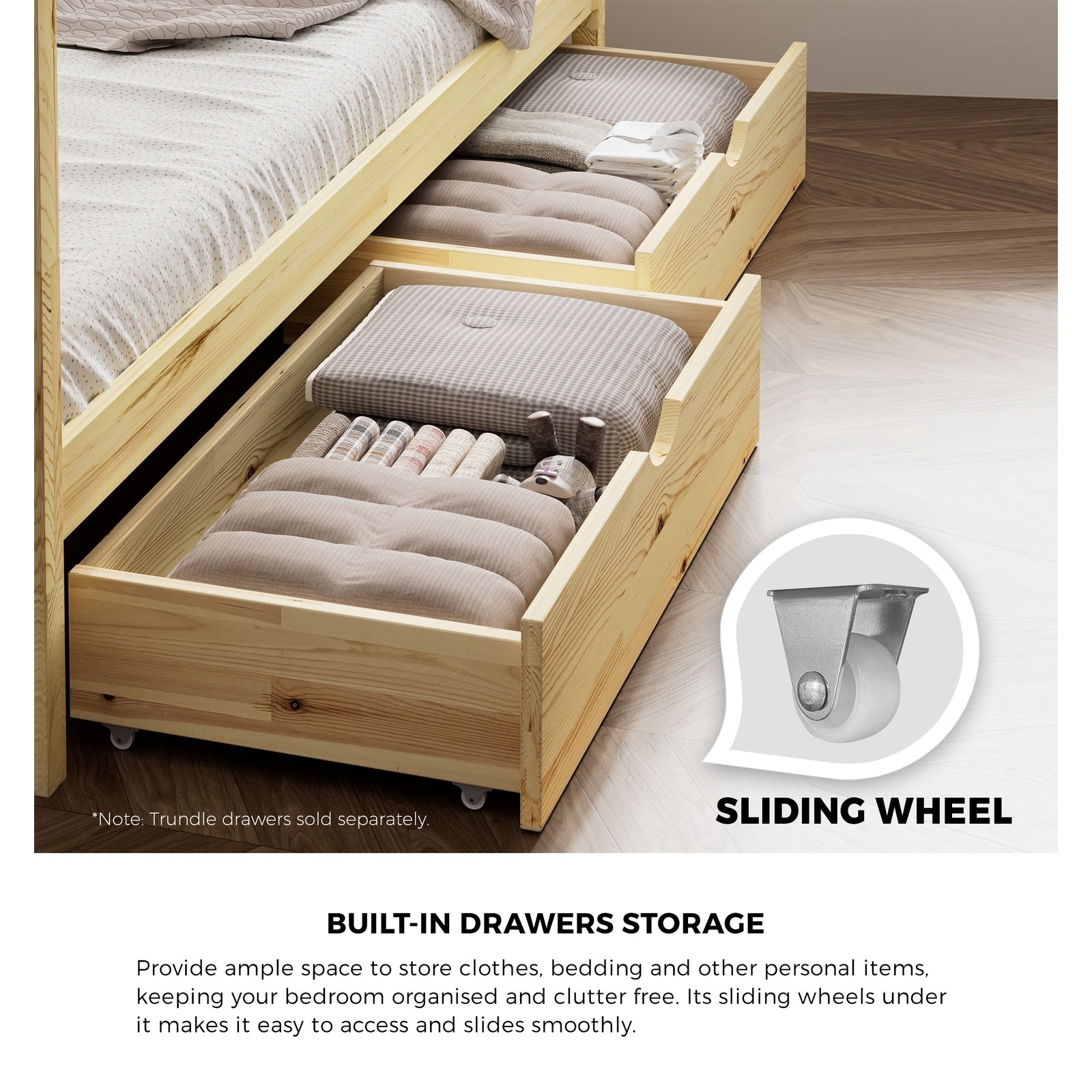 Oikiture Bed Frame Wooden Single Size Timber House Frame With Storage Drawers - Sunyee