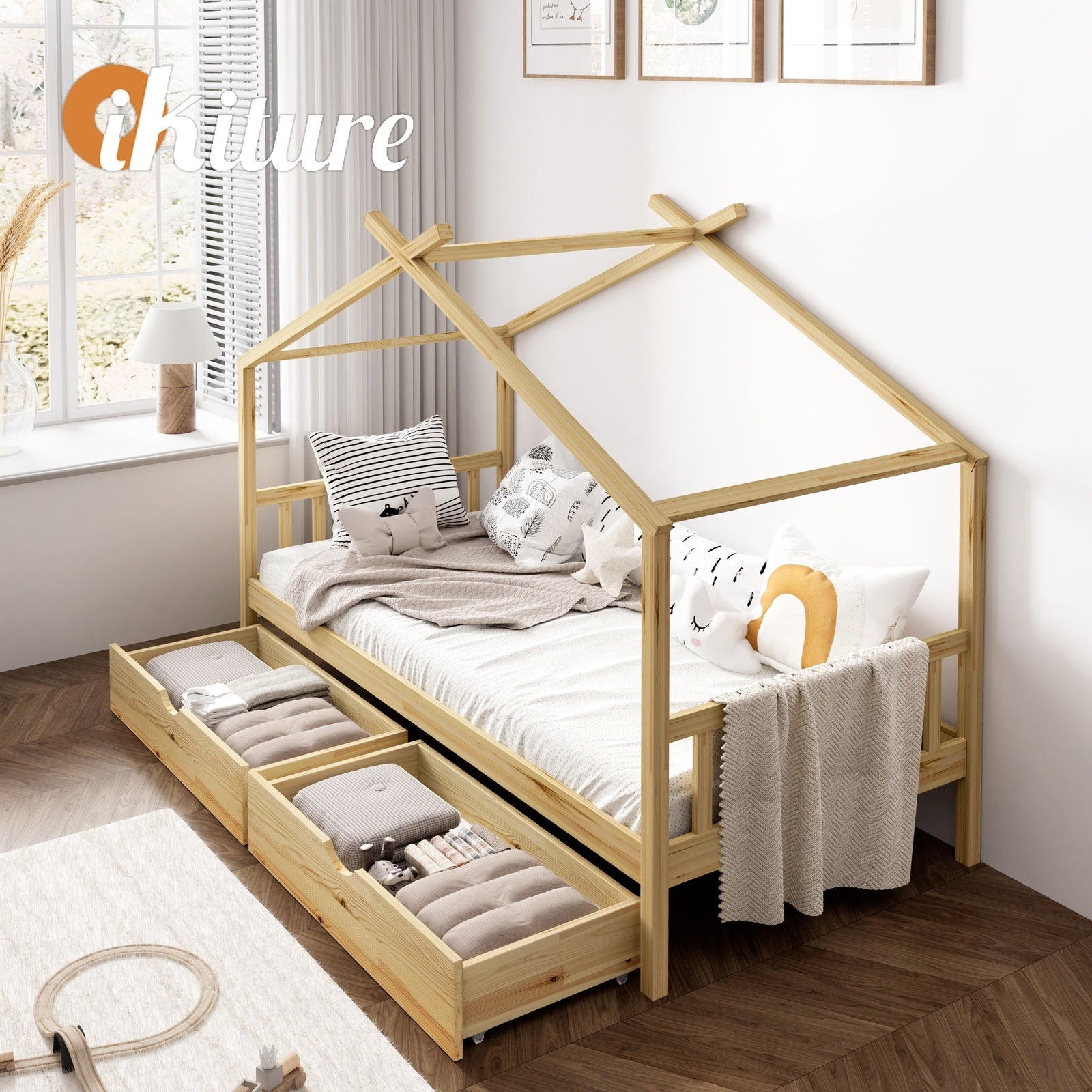 Oikiture Bed Frame Wooden Single Size Timber House Frame With Storage Drawers - Sunyee