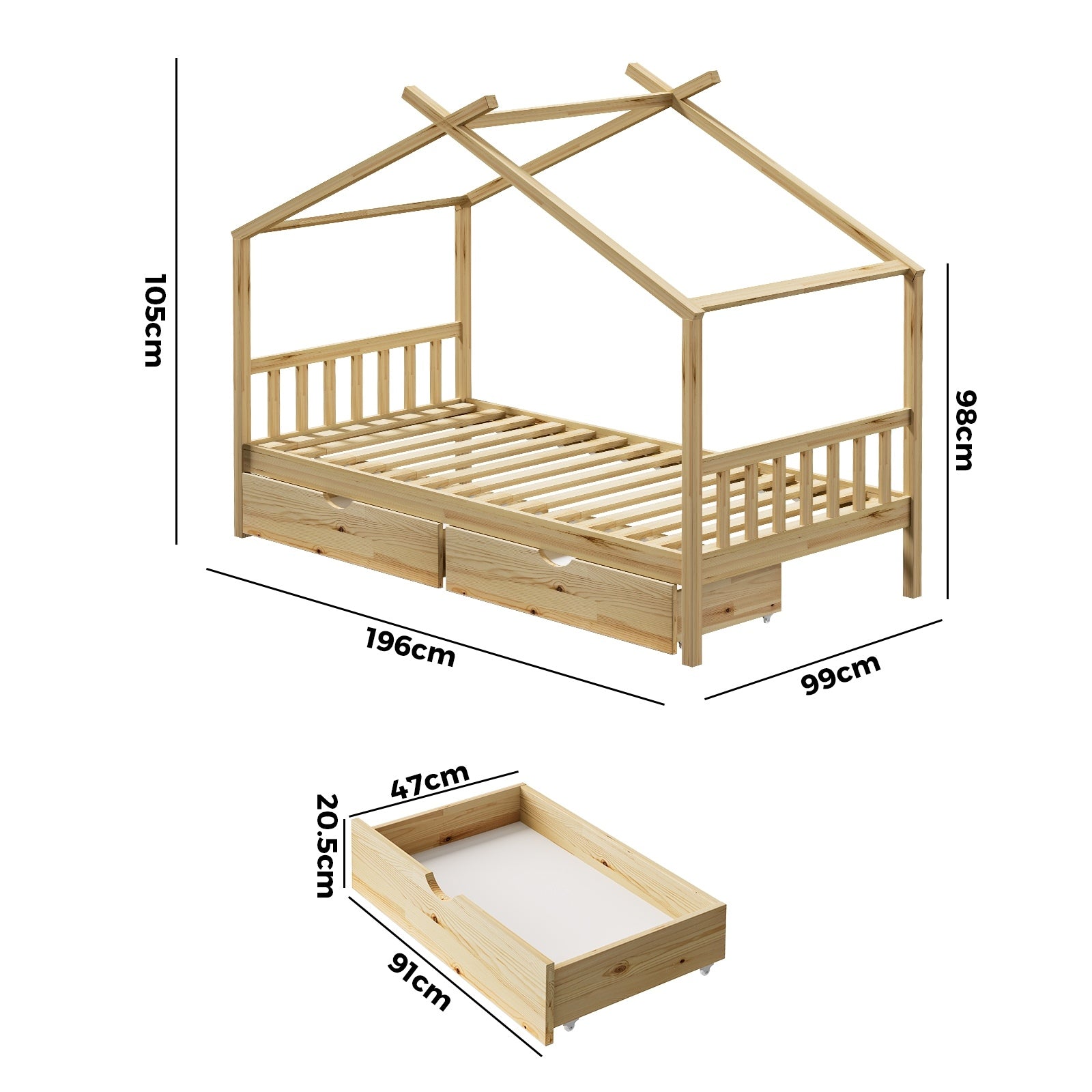 Oikiture Bed Frame Wooden Single Size Timber House Frame With Storage Drawers - Sunyee