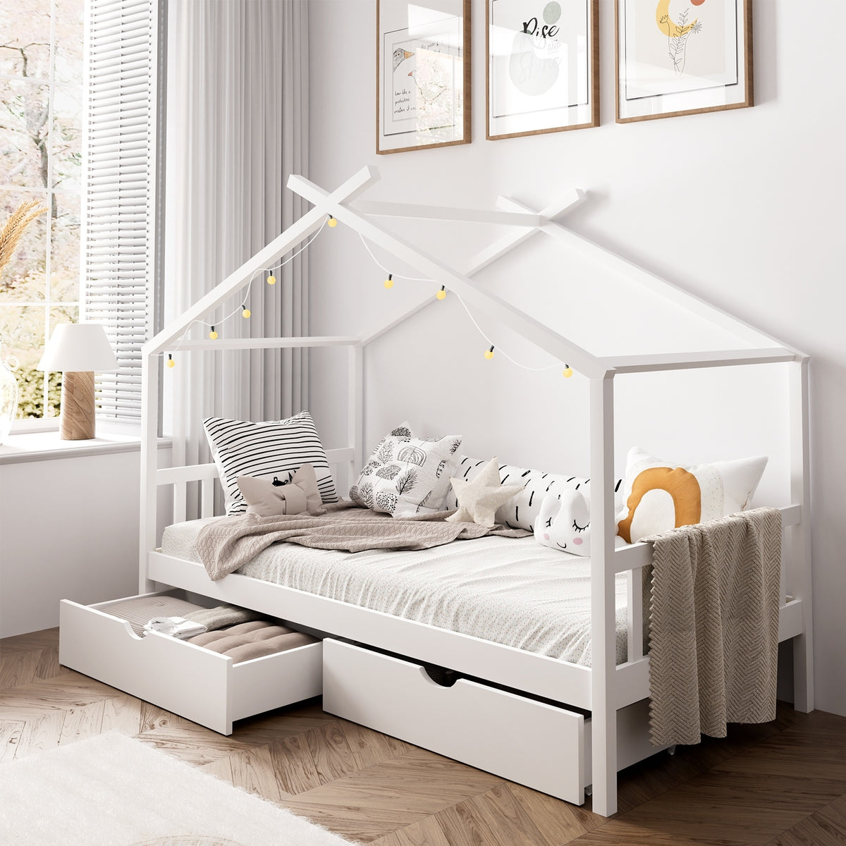 Oikiture Bed Frame Wooden Single Size Timber House Frame Storage Drawers White - Sunyee