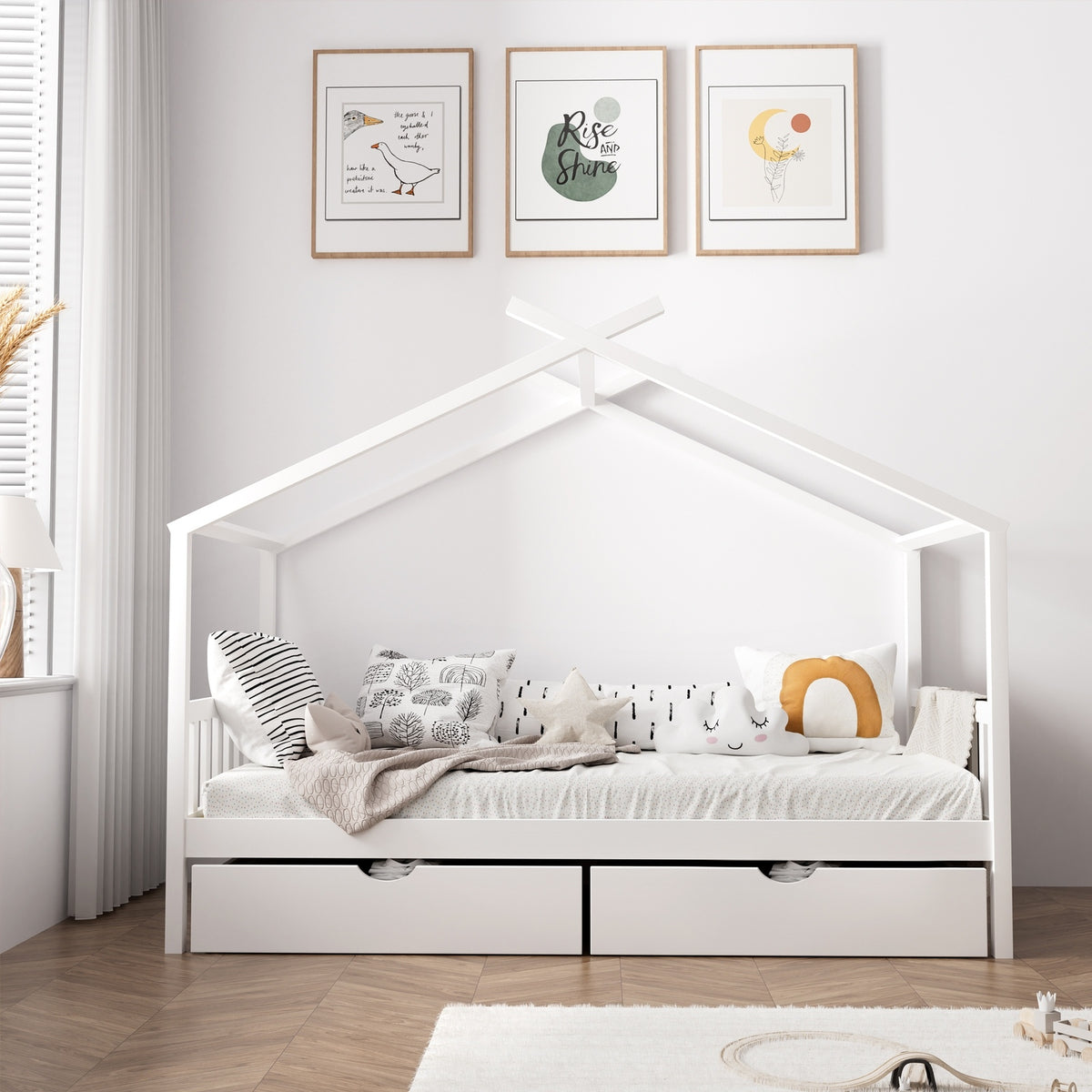 Oikiture Bed Frame Wooden Single Size Timber House Frame Storage Drawers White - Sunyee