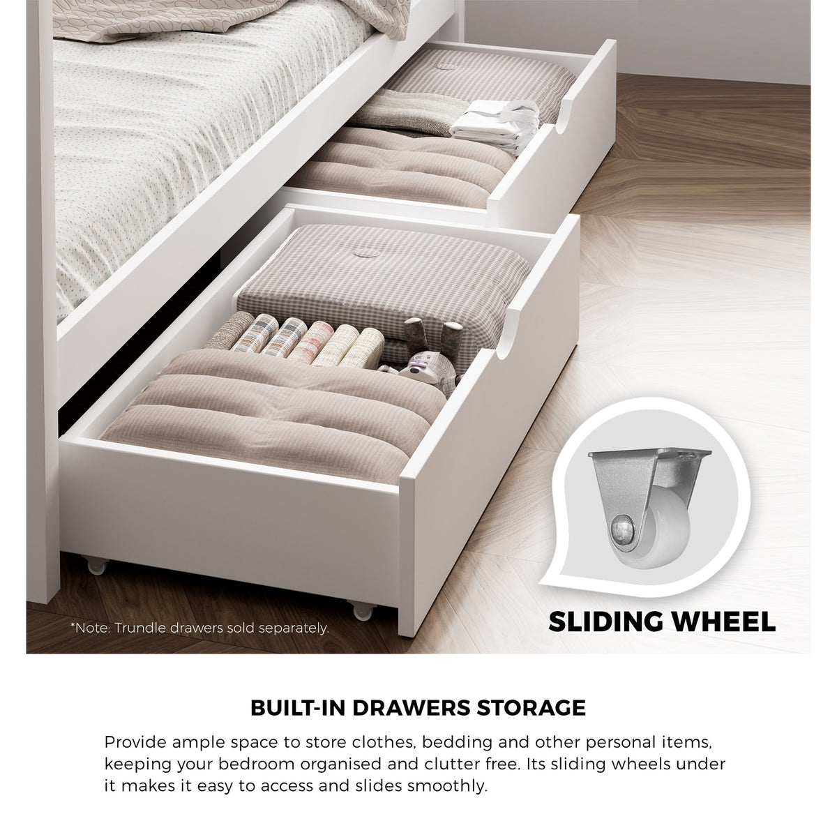 Oikiture Bed Frame Wooden Single Size Timber House Frame Storage Drawers White - Sunyee