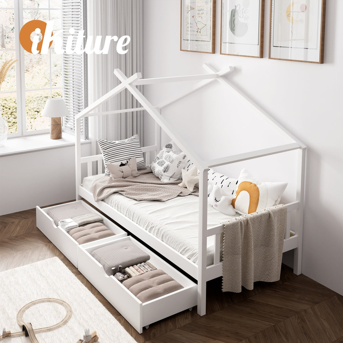 Oikiture Bed Frame Wooden Single Size Timber House Frame Storage Drawers White - Sunyee