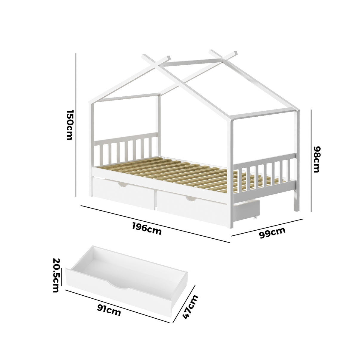 Oikiture Bed Frame Wooden Single Size Timber House Frame Storage Drawers White - Sunyee