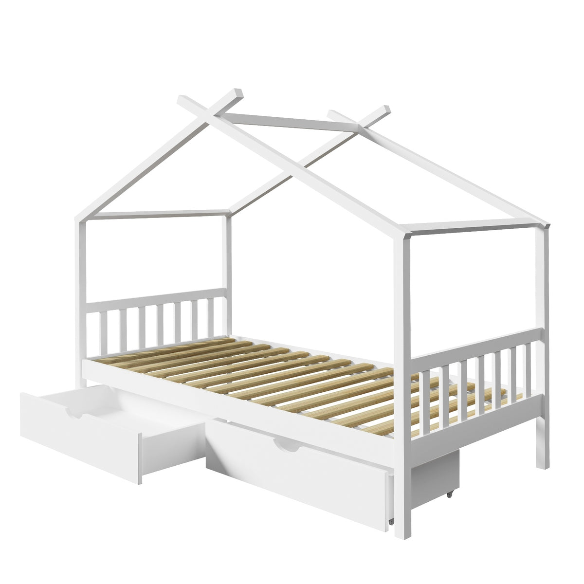 Oikiture Bed Frame Wooden Single Size Timber House Frame Storage Drawers White - Sunyee