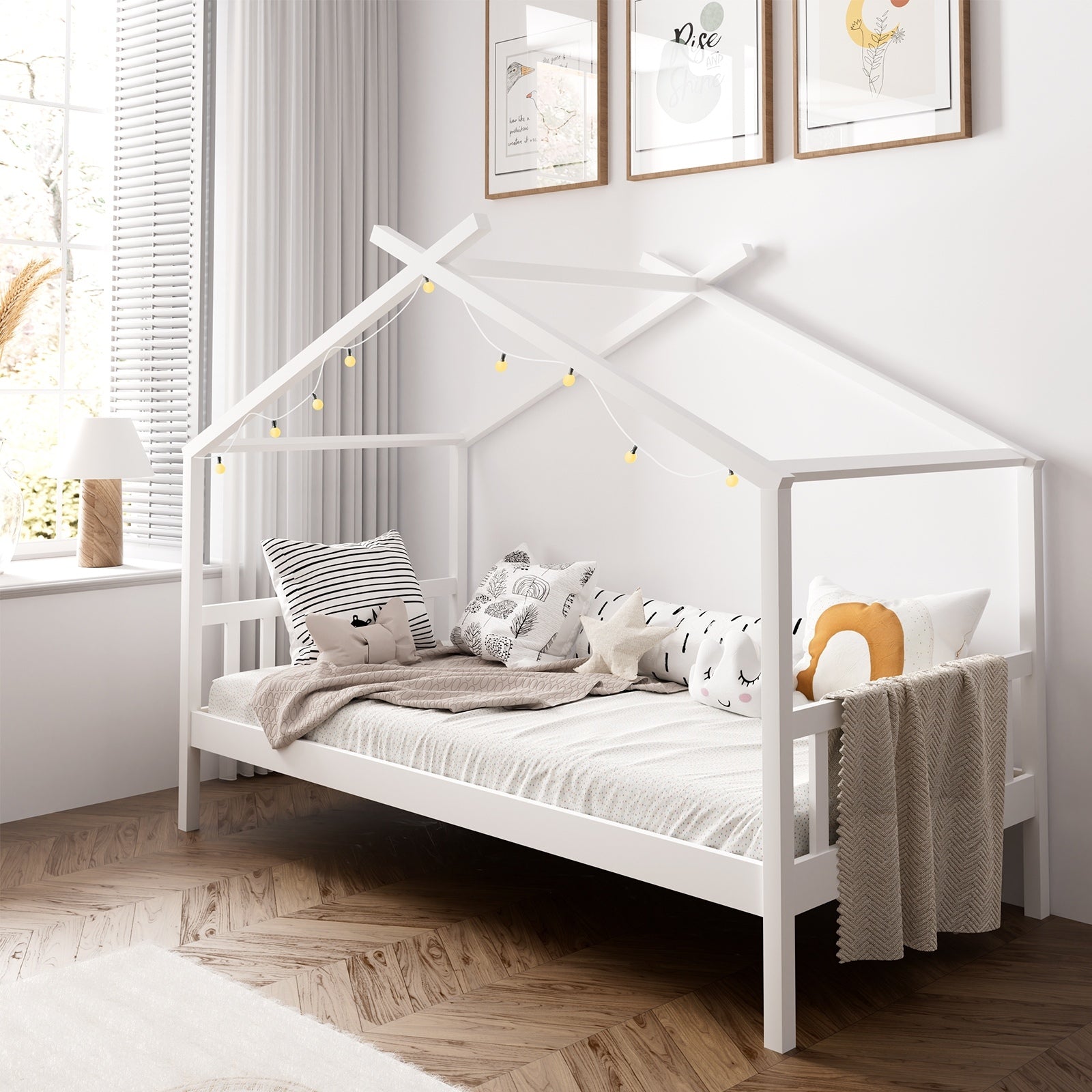 Oikiture Bed Frame Wooden Base Kids Single Timber House Beds White - Sunyee