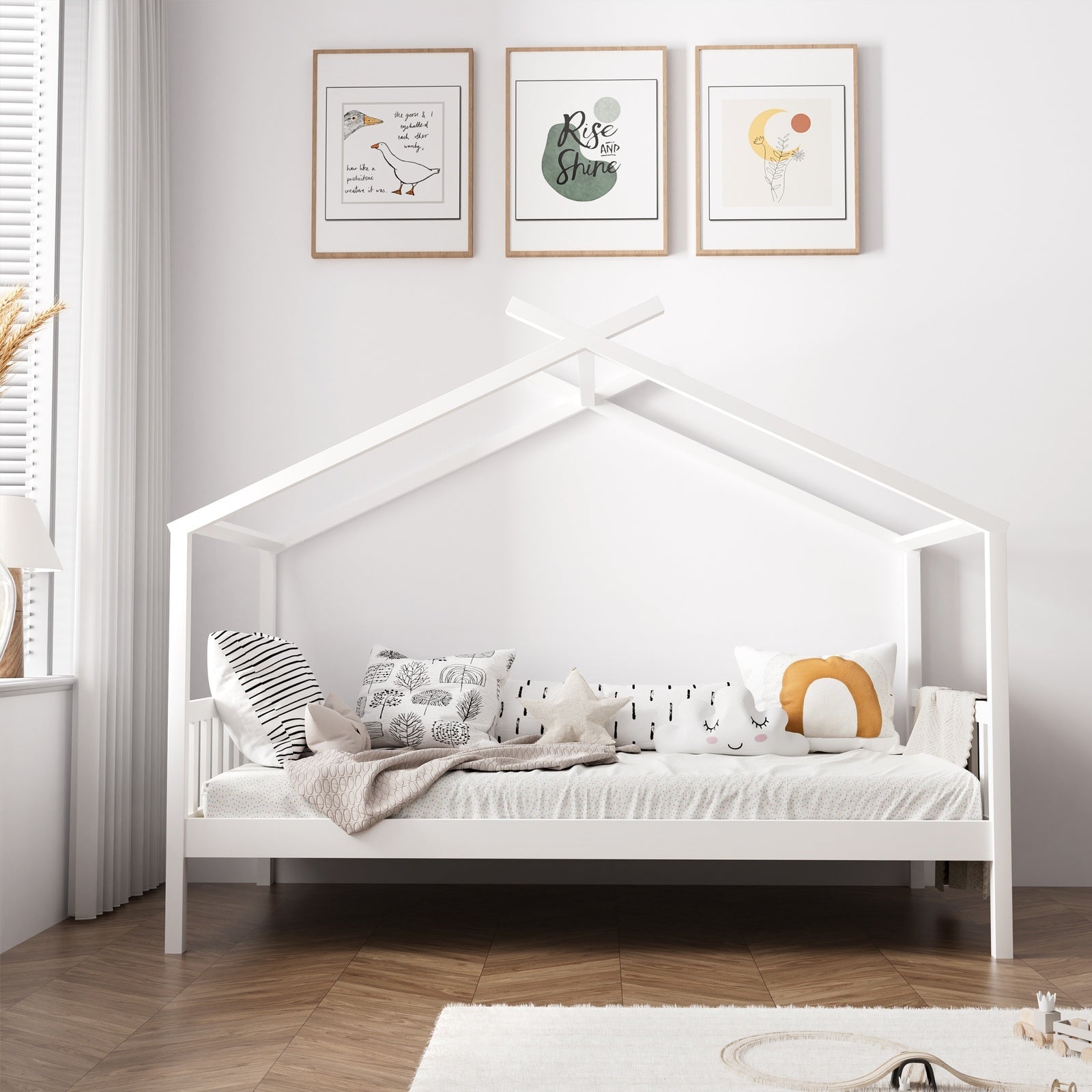 Oikiture Bed Frame Wooden Base Kids Single Timber House Beds White - Sunyee