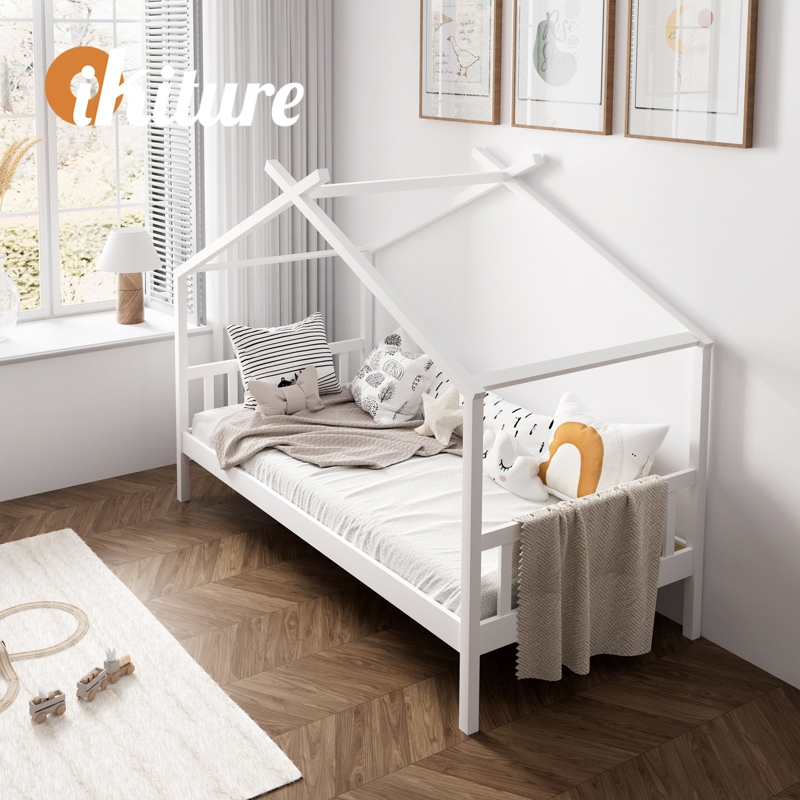 Oikiture Bed Frame Wooden Base Kids Single Timber House Beds White - Sunyee