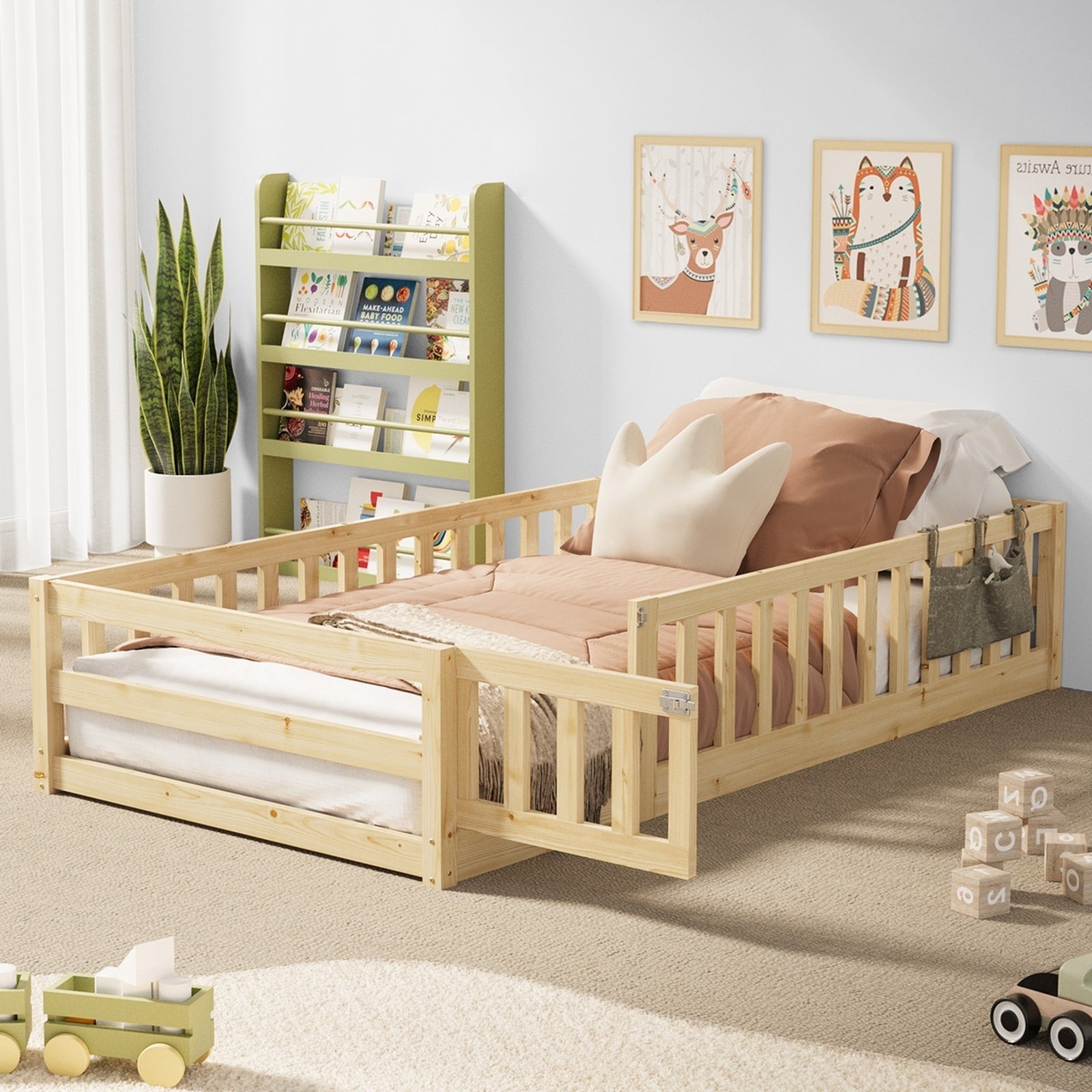 Oikiture Kids Bed Frame Single Floor Beds Timber Wood Gate Guard Fence Natural - Sunyee