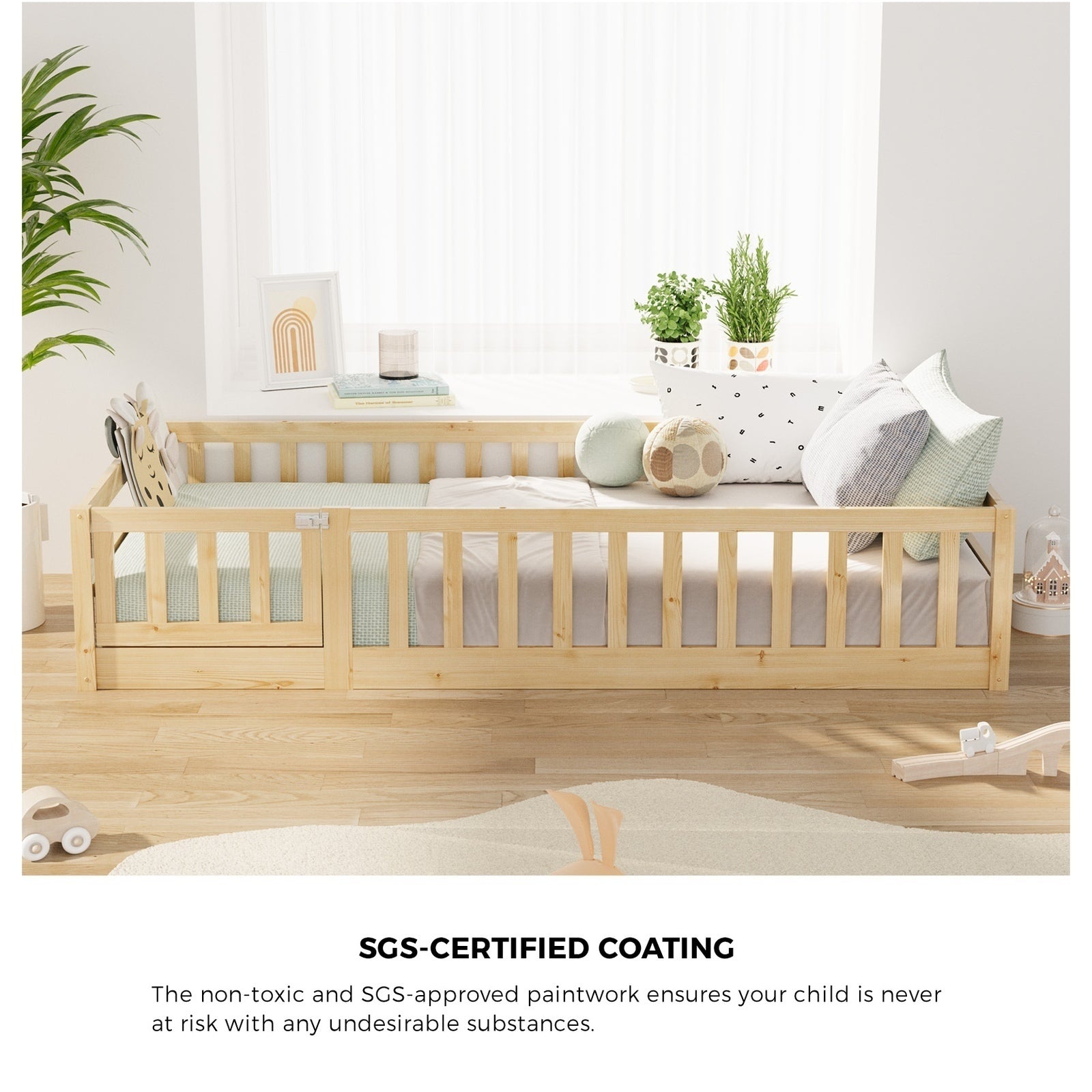 Oikiture Kids Bed Frame Single Floor Beds Timber Wood Gate Guard Fence Natural - Sunyee