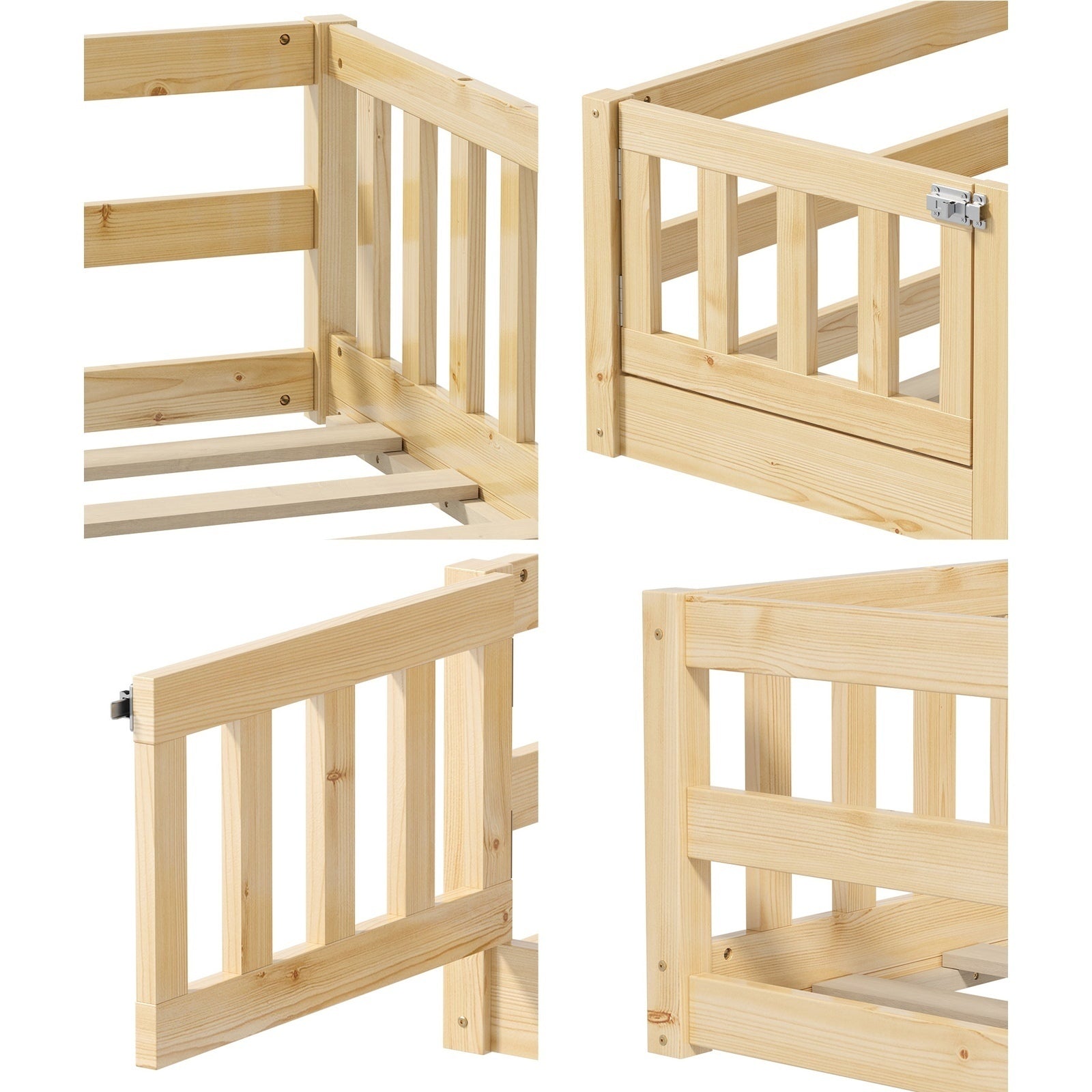 Oikiture Kids Bed Frame Single Floor Beds Timber Wood Gate Guard Fence Natural - Sunyee