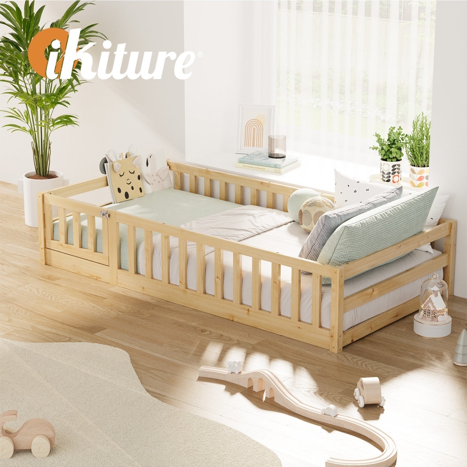 Oikiture Kids Bed Frame Single Floor Beds Timber Wood Gate Guard Fence Natural - Sunyee