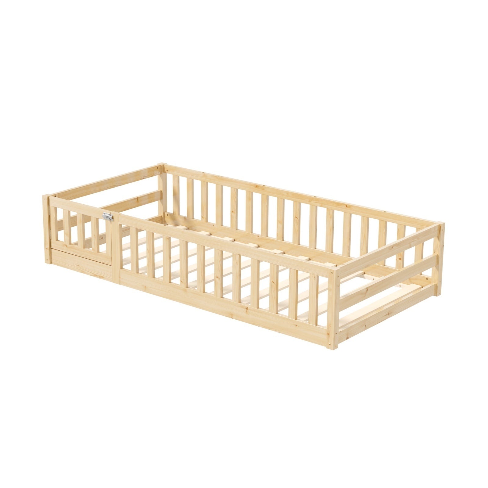 Oikiture Kids Bed Frame Single Floor Beds Timber Wood Gate Guard Fence Natural - Sunyee