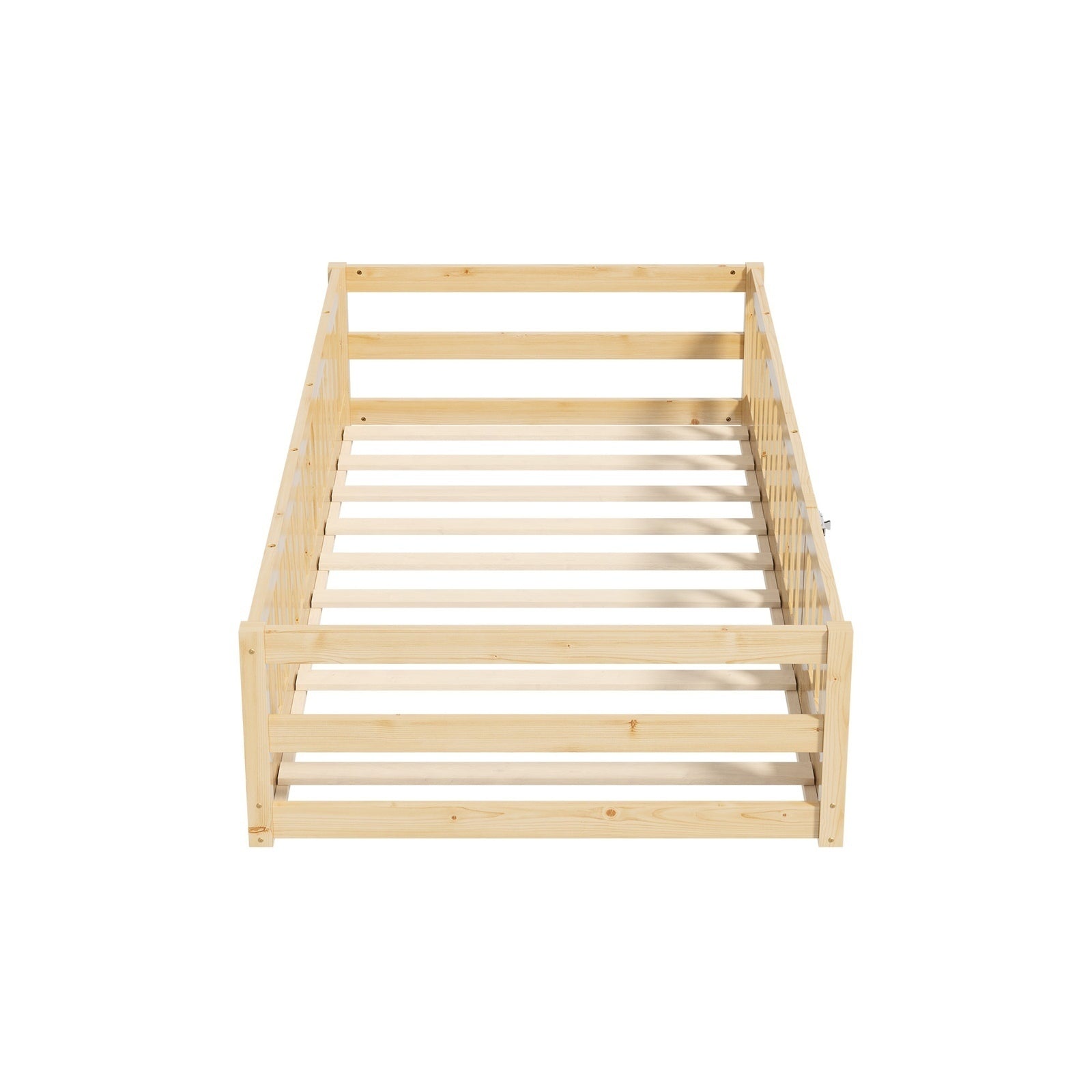 Oikiture Kids Bed Frame Single Floor Beds Timber Wood Gate Guard Fence Natural - Sunyee
