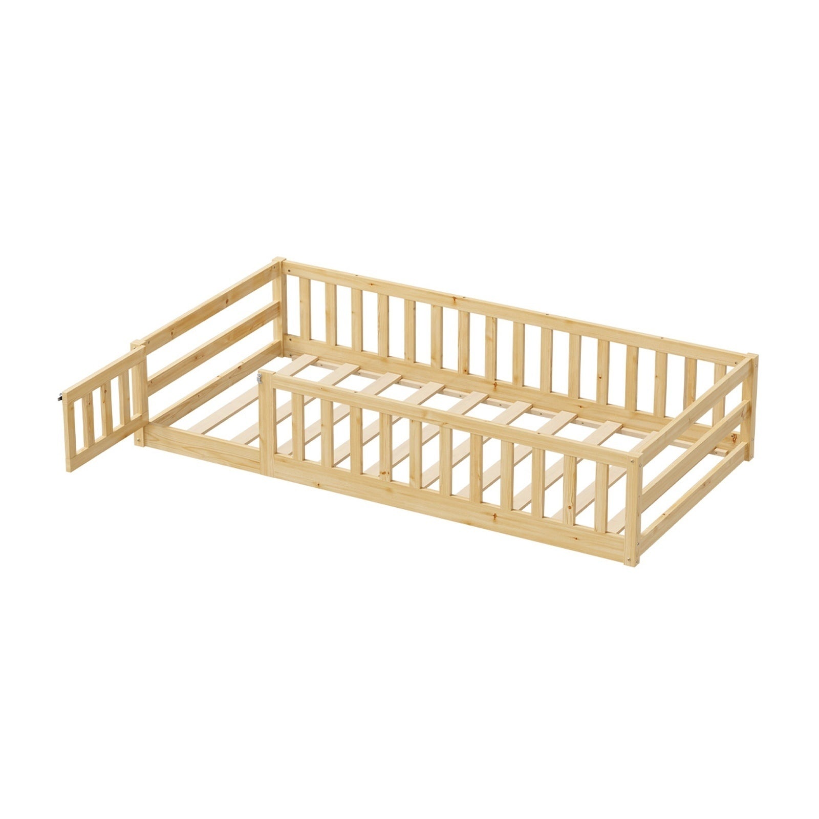 Oikiture Kids Bed Frame Single Floor Beds Timber Wood Gate Guard Fence Natural - Sunyee