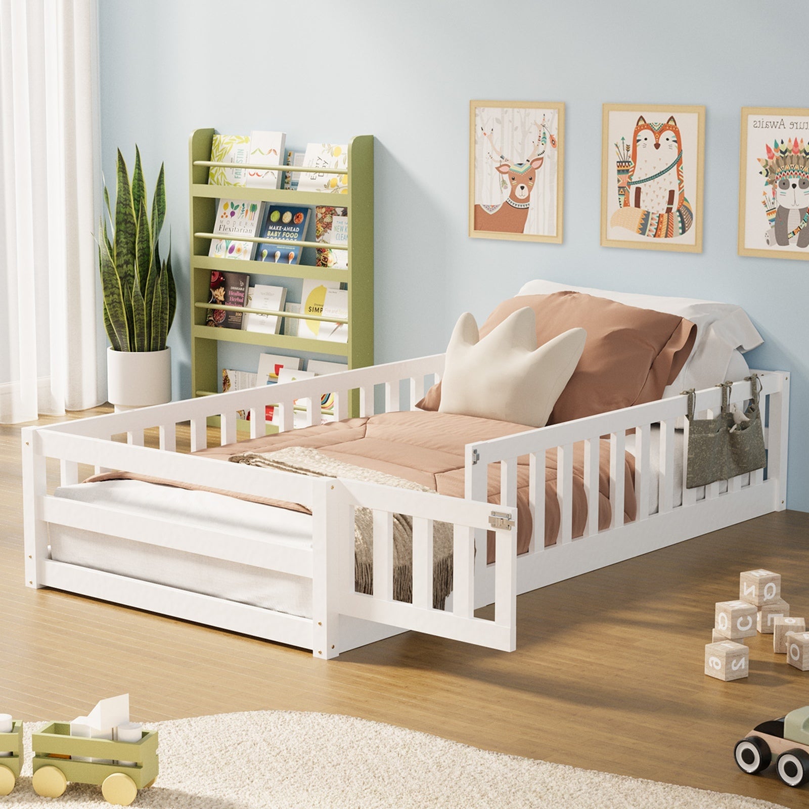 Oikiture Kids Bed Frame Single Floor Beds Timber Wood Gate Guard Fence White - Sunyee