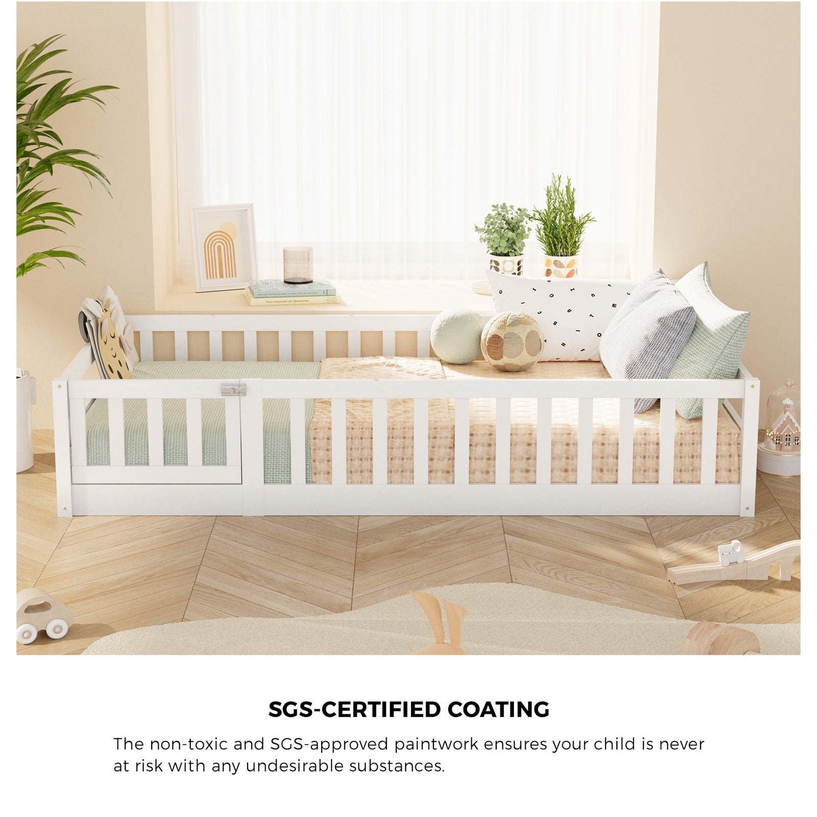 Oikiture Kids Bed Frame Single Floor Beds Timber Wood Gate Guard Fence White - Sunyee