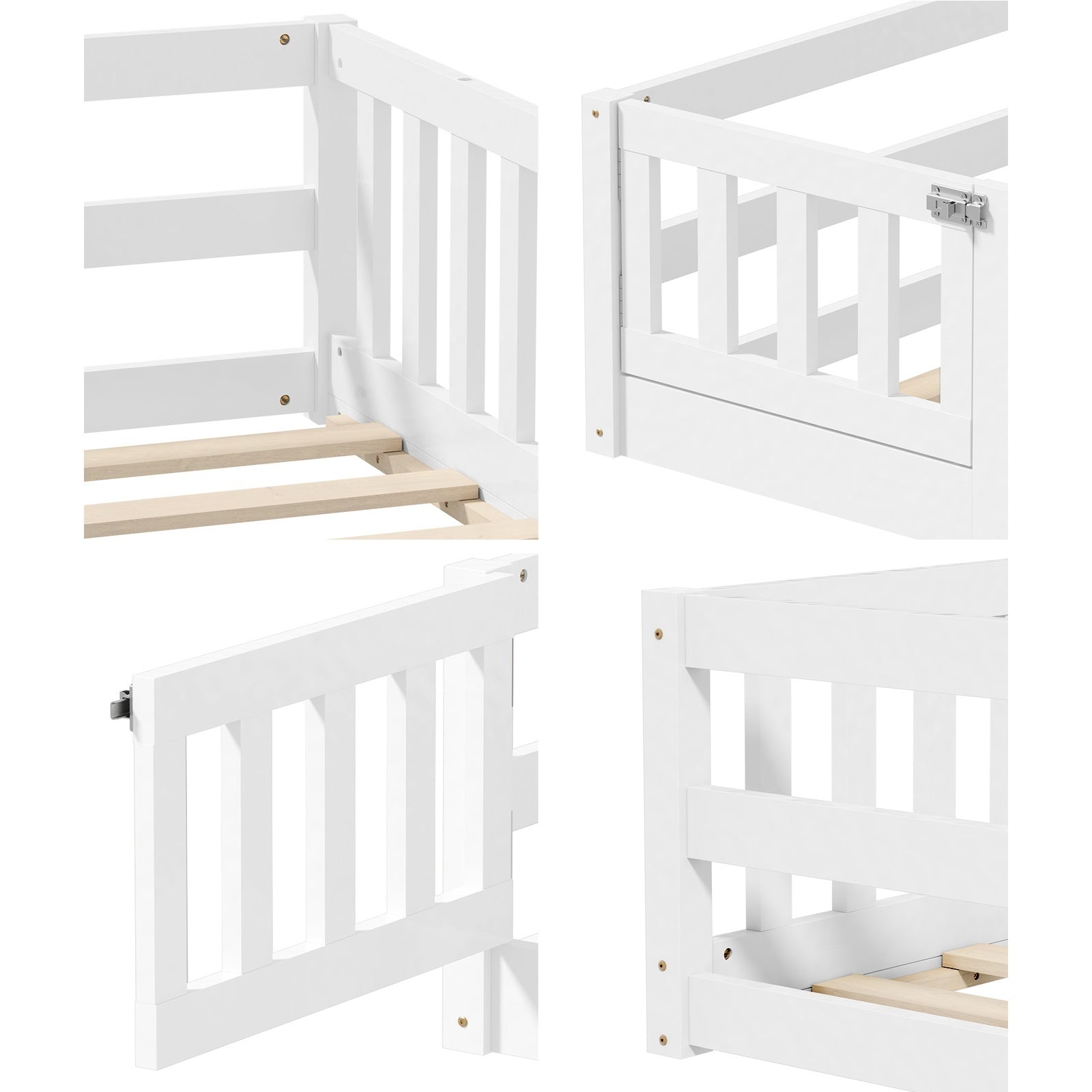Oikiture Kids Bed Frame Single Floor Beds Timber Wood Gate Guard Fence White - Sunyee