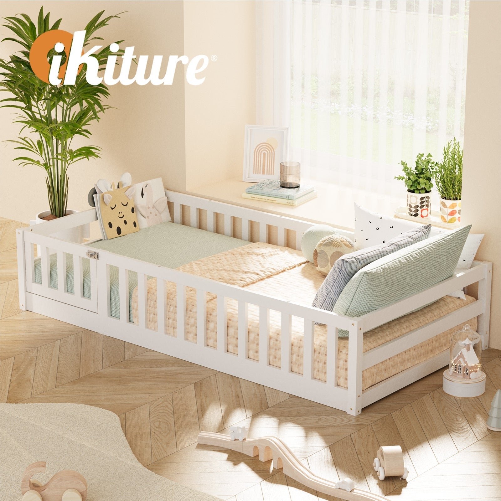 Oikiture Kids Bed Frame Single Floor Beds Timber Wood Gate Guard Fence White - Sunyee