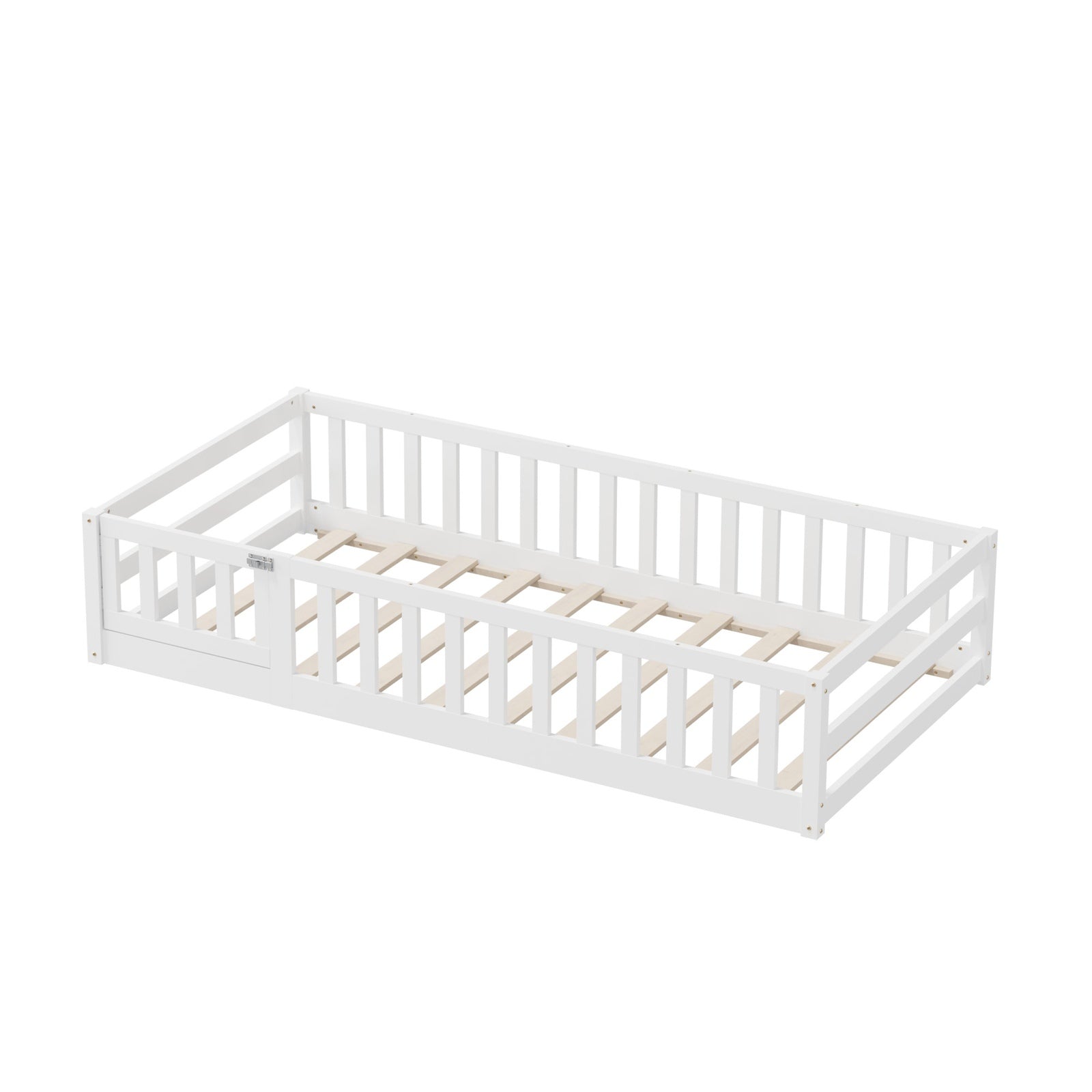 Oikiture Kids Bed Frame Single Floor Beds Timber Wood Gate Guard Fence White - Sunyee