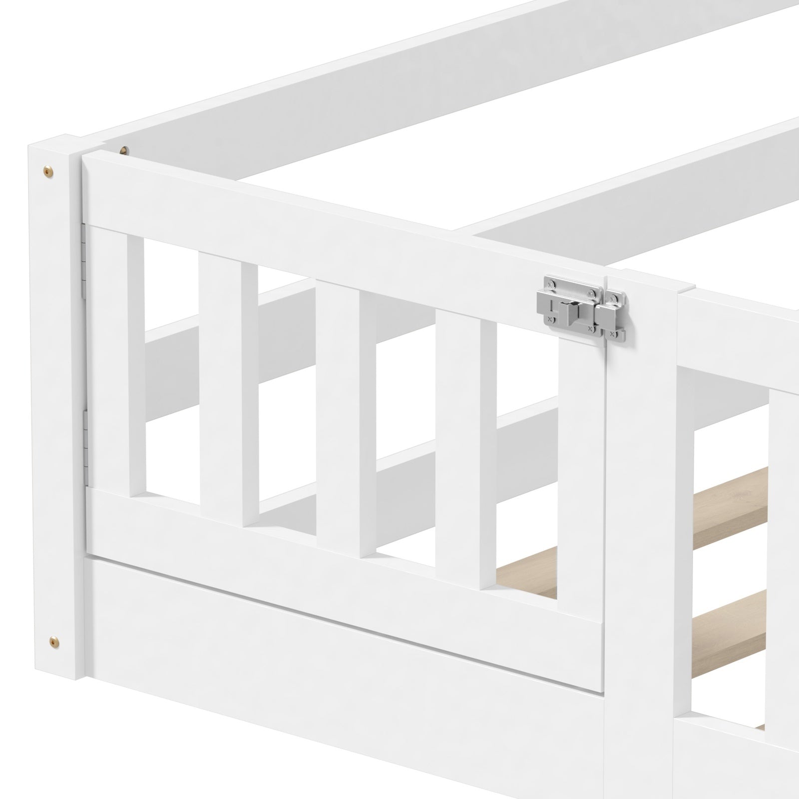 Oikiture Kids Bed Frame Single Floor Beds Timber Wood Gate Guard Fence White - Sunyee