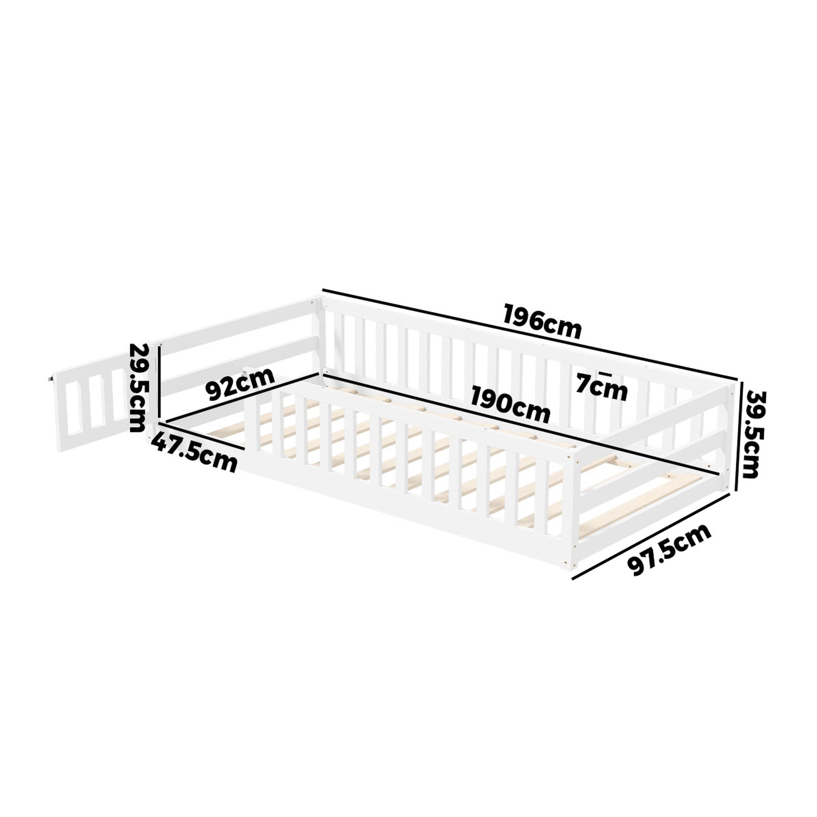 Oikiture Kids Bed Frame Single Floor Beds Timber Wood Gate Guard Fence White - Sunyee