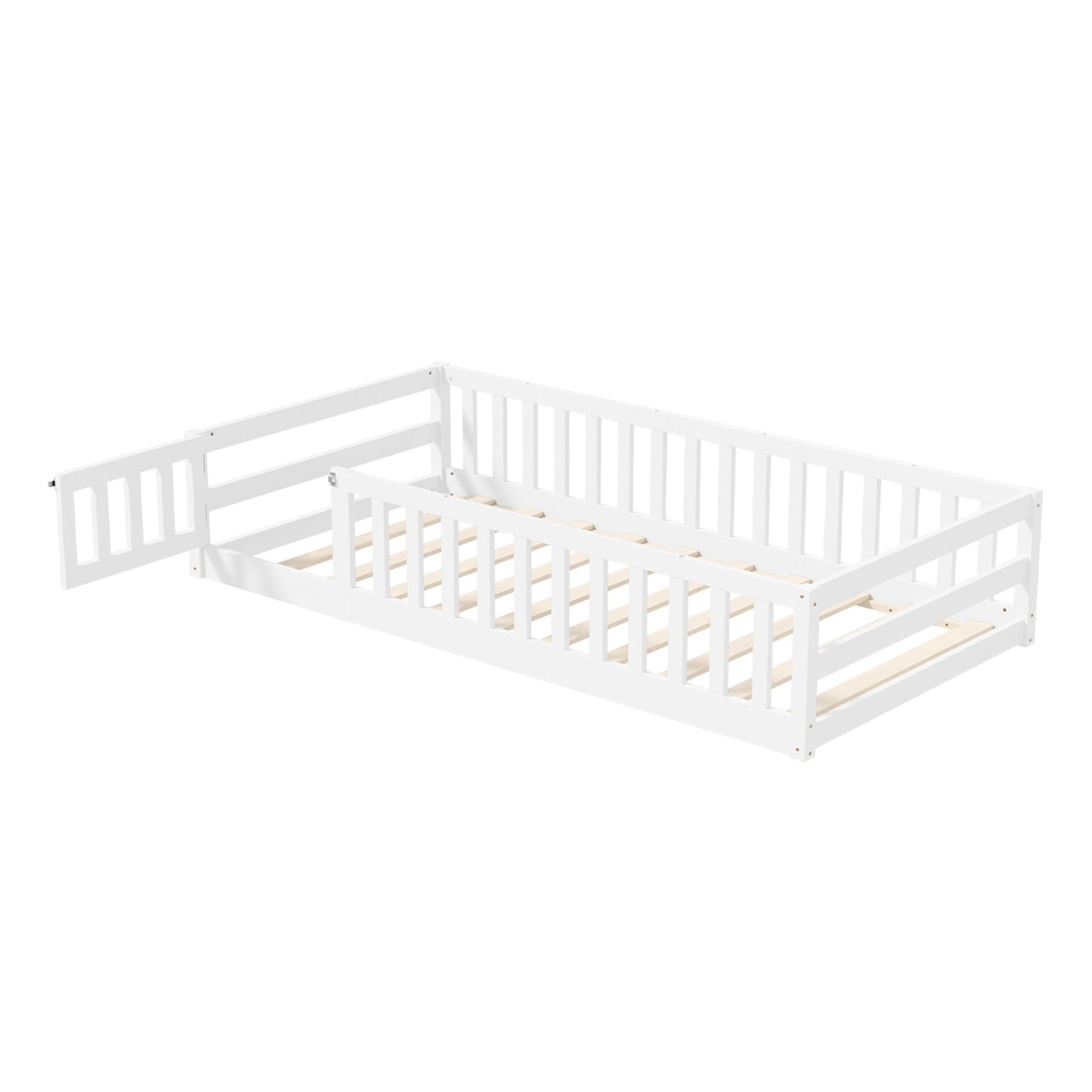 Oikiture Kids Bed Frame Single Floor Beds Timber Wood Gate Guard Fence White - Sunyee