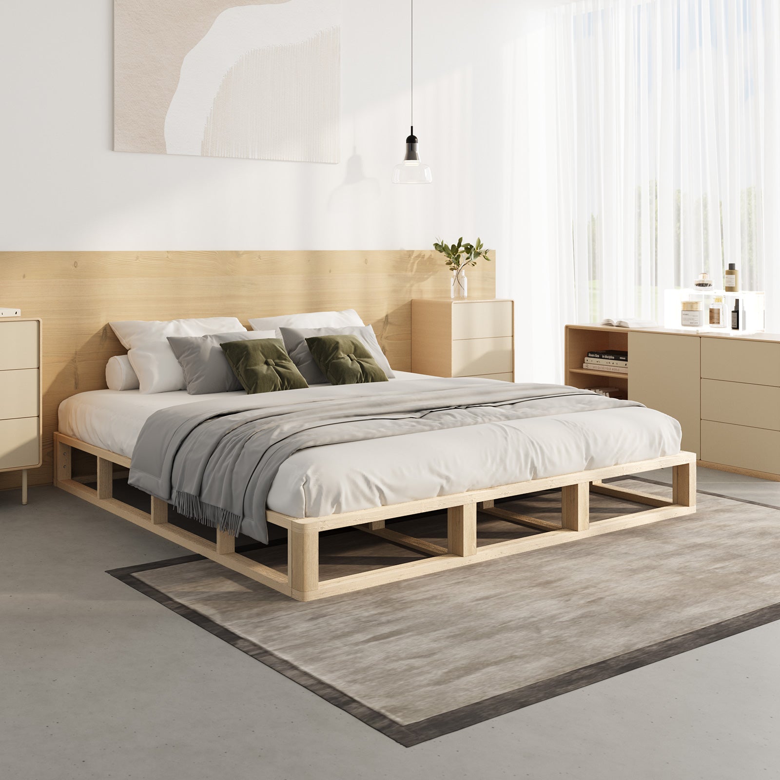 Oikiture Bed Frame King Size Wooden Bed Base Platform Cage-like - Sunyee