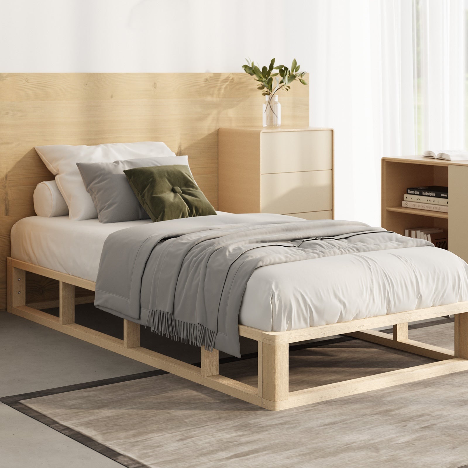 Oikiture Bed Frame Single Size Wooden Bed Base Platform Cage-like Base - Sunyee