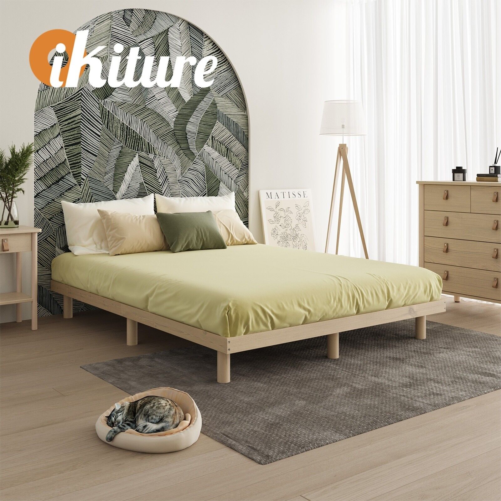 Oikiture Bed Frame Double Size Wooden Base Bed Platform Solid Wood Slats - Sunyee