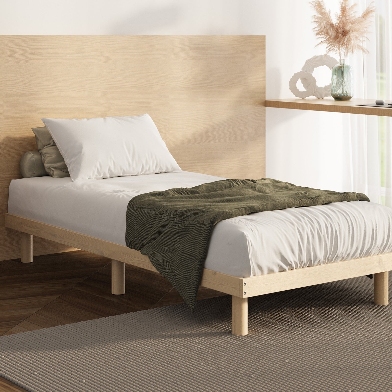 Oikiture Bed Frame Single Size Wooden Bed Base Platform Solid Wood Slats - Sunyee