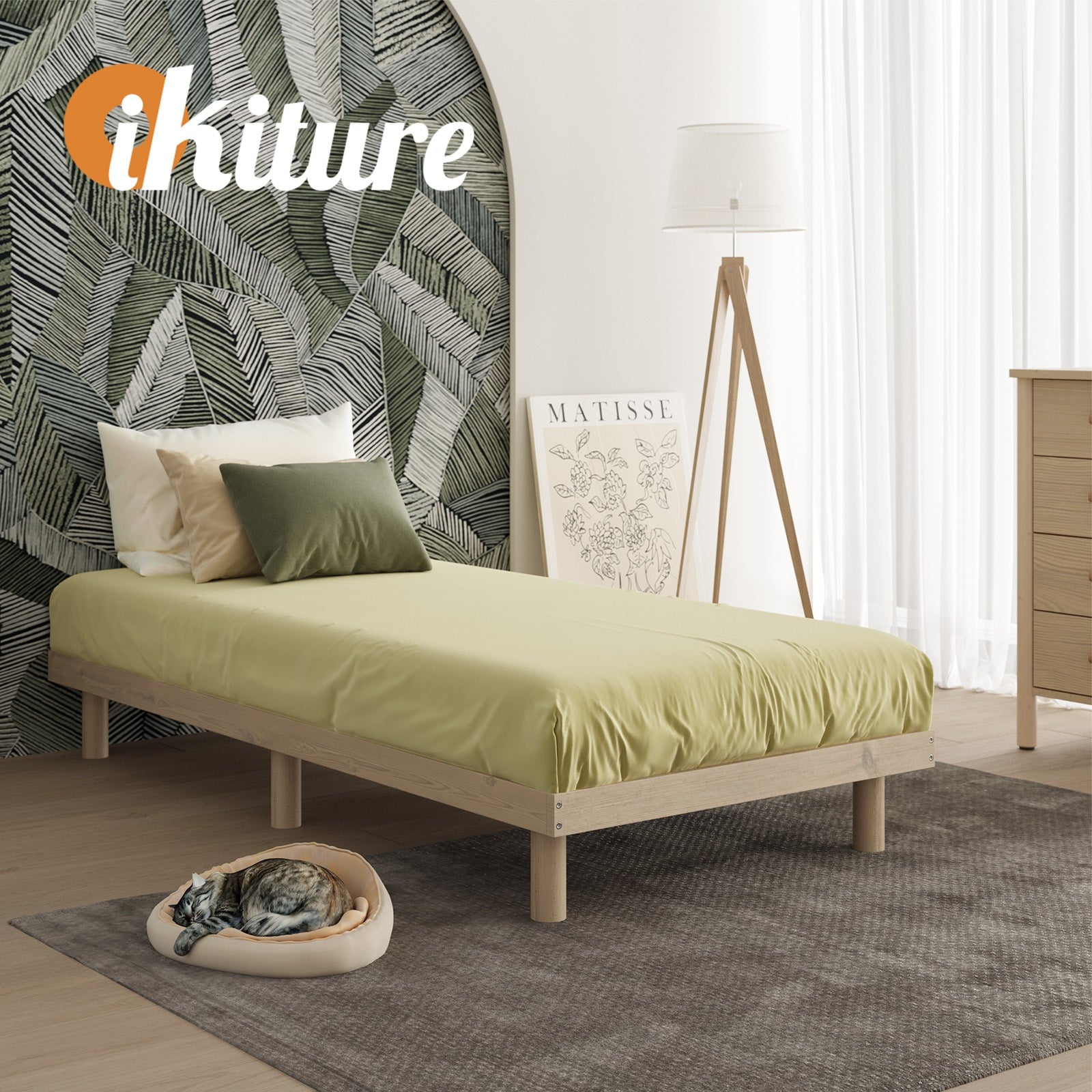 Oikiture Bed Frame Single Size Wooden Bed Base Platform Solid Wood Slats - Sunyee