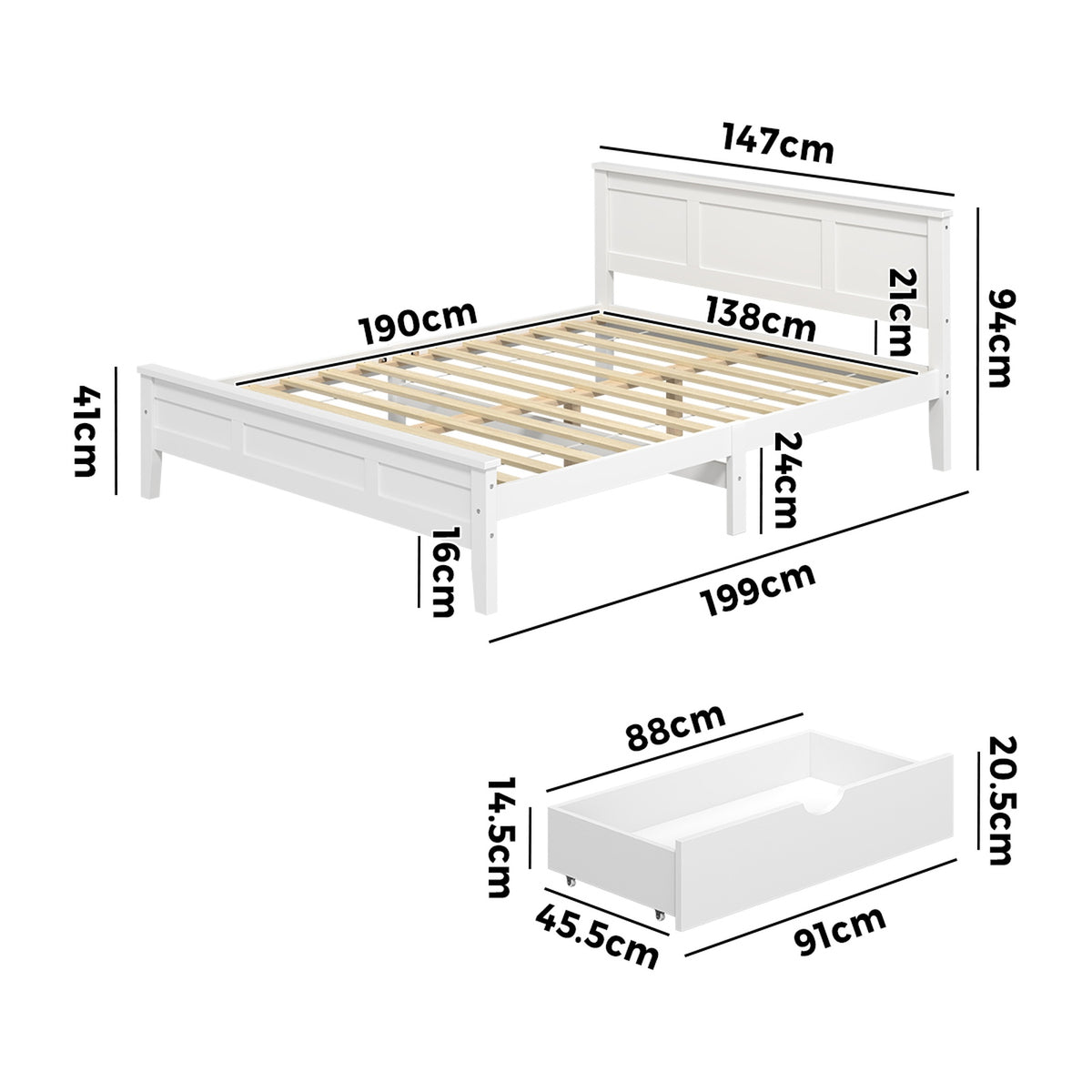 Oikiture Double Wooden Bed Frame Platform with Headboard 2 Storage Drawers White