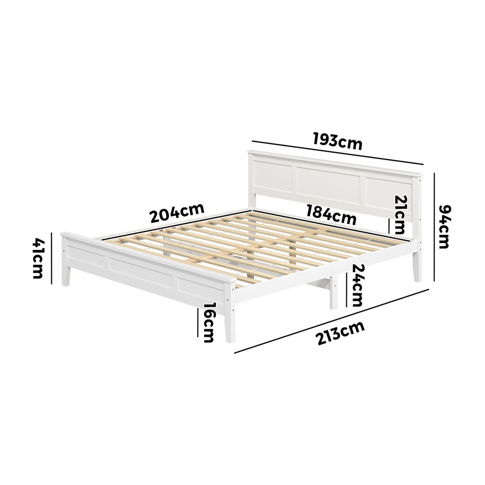 Oikiture King Wooden Bed Frame with Slatted Base Headboard Pine Timber White