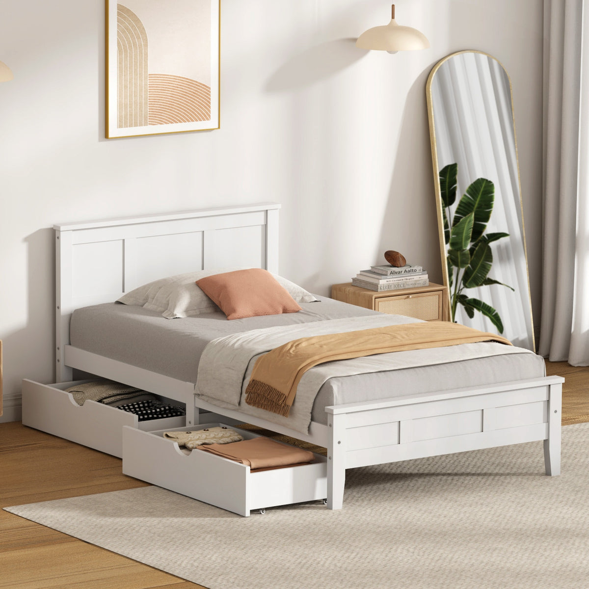 Oikiture King Single Wooden Bed Frame Platform with Headboard 2 Storage Drawers