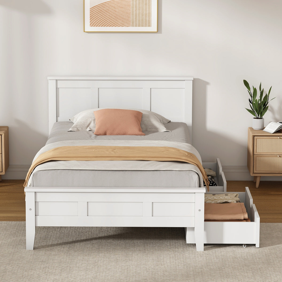 Oikiture King Single Wooden Bed Frame Platform with Headboard 2 Storage Drawers
