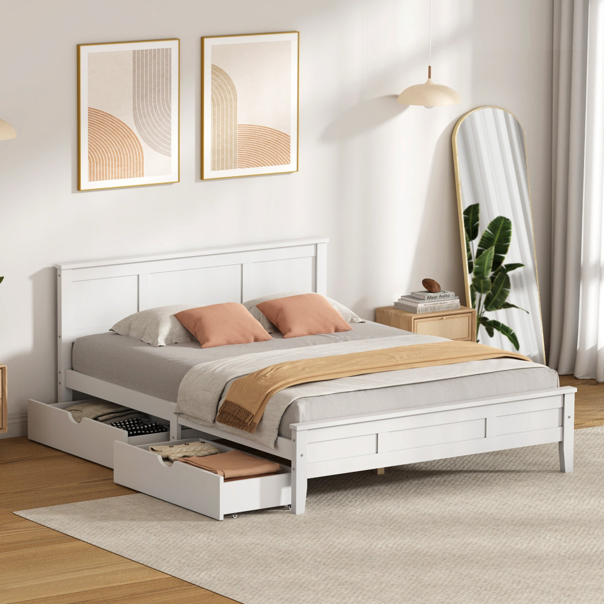 Oikiture Queen Wooden Bed Frame Platform with Headboard 2 Storage Drawers White