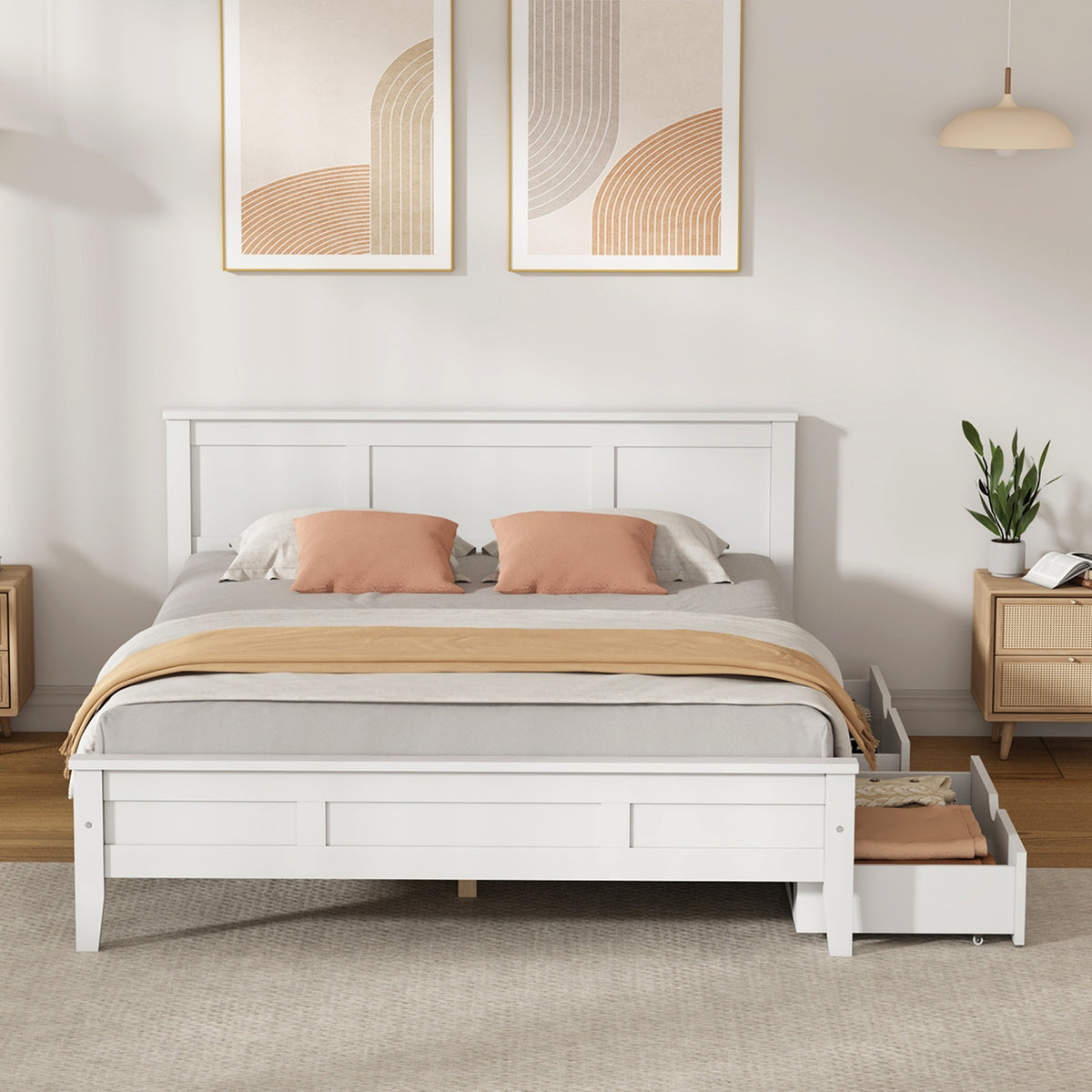 Oikiture Queen Wooden Bed Frame Platform with Headboard 2 Storage Drawers White