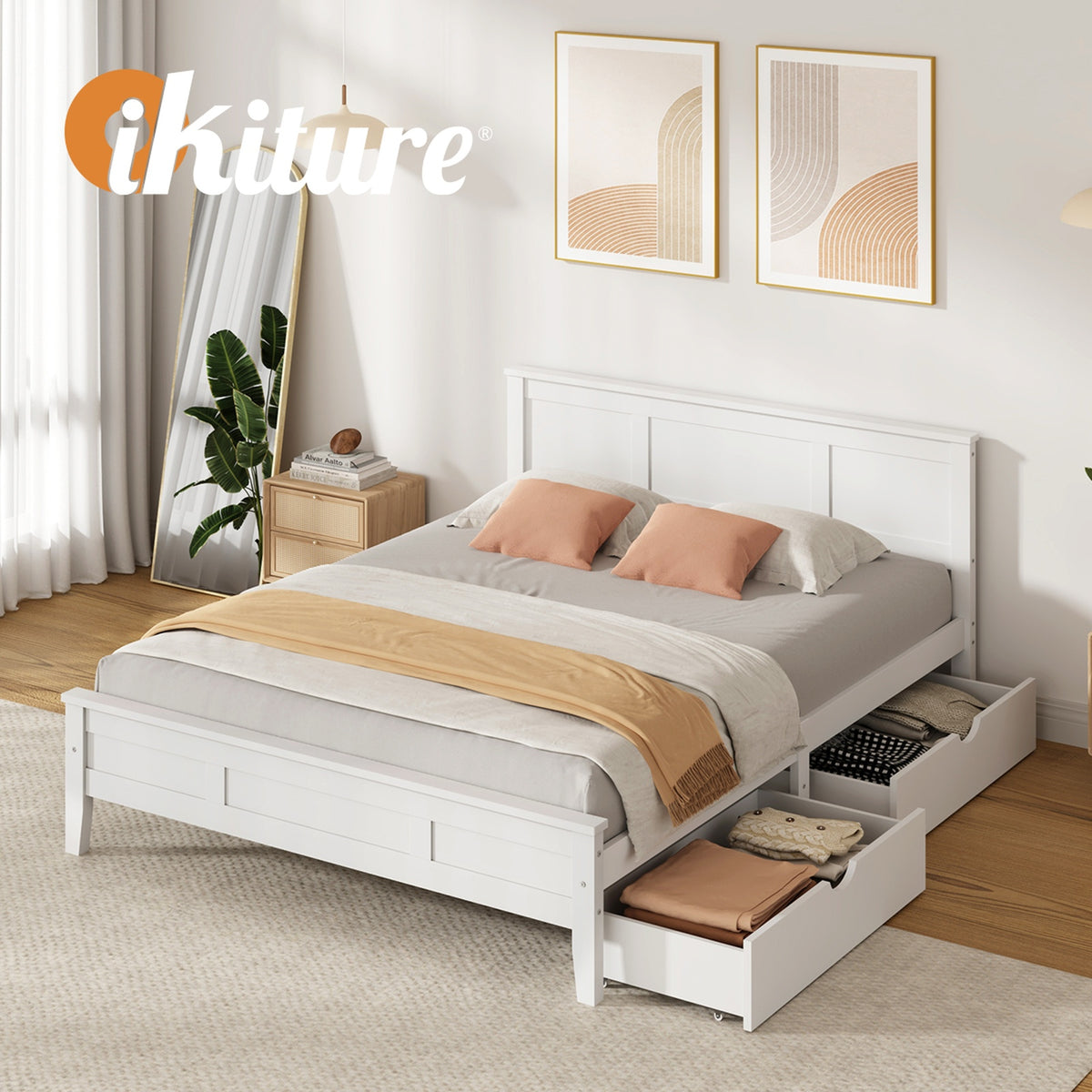 Oikiture Queen Wooden Bed Frame Platform with Headboard 2 Storage Drawers White