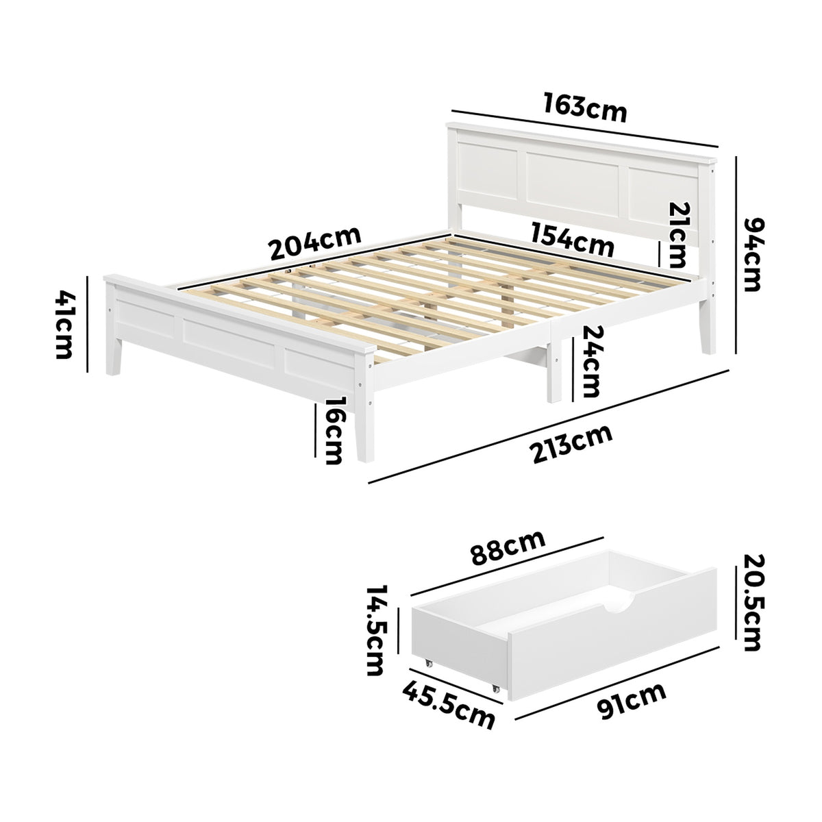 Oikiture Queen Wooden Bed Frame Platform with Headboard 2 Storage Drawers White