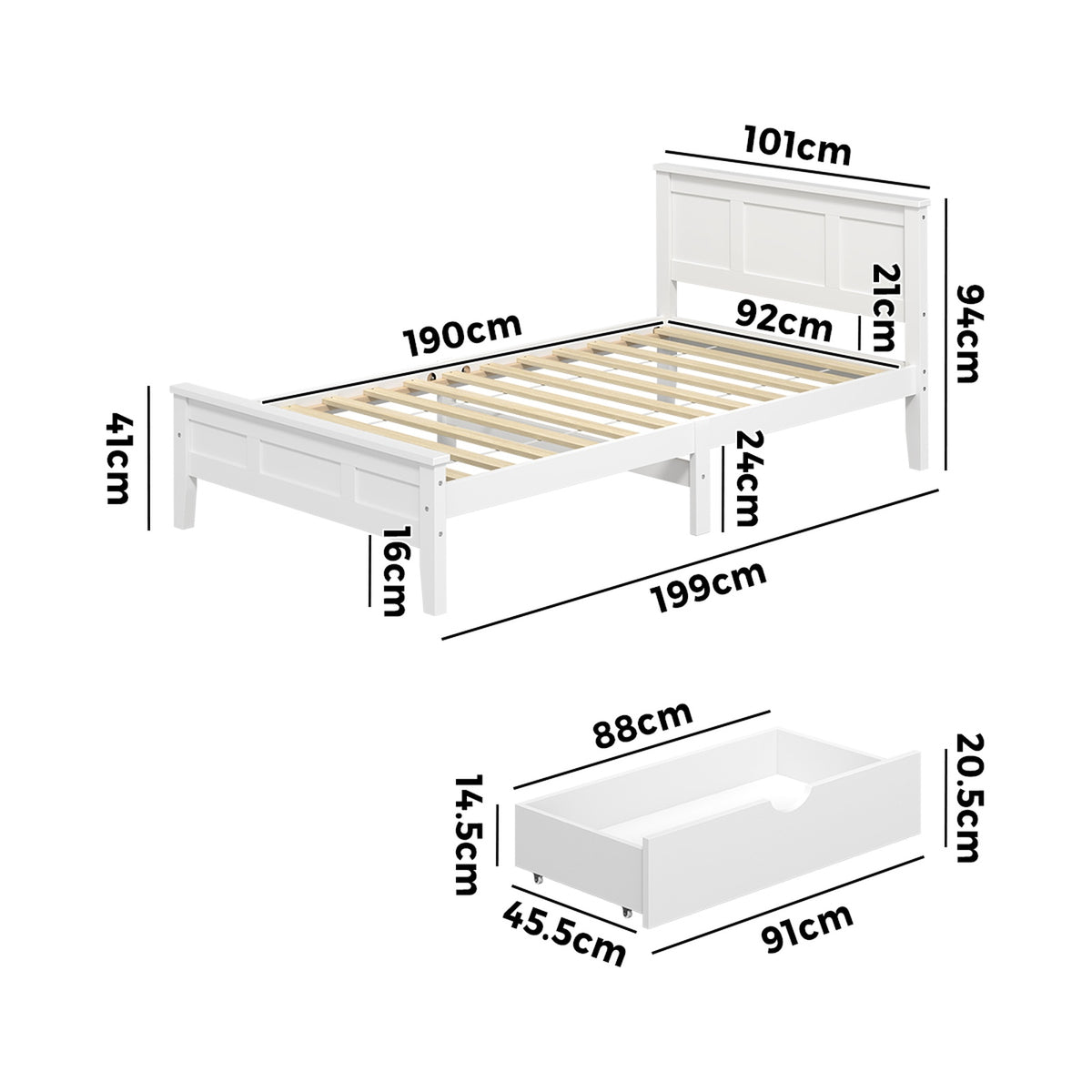 Oikiture Single Wooden Bed Frame Platform with Headboard 2 Storage Drawers White
