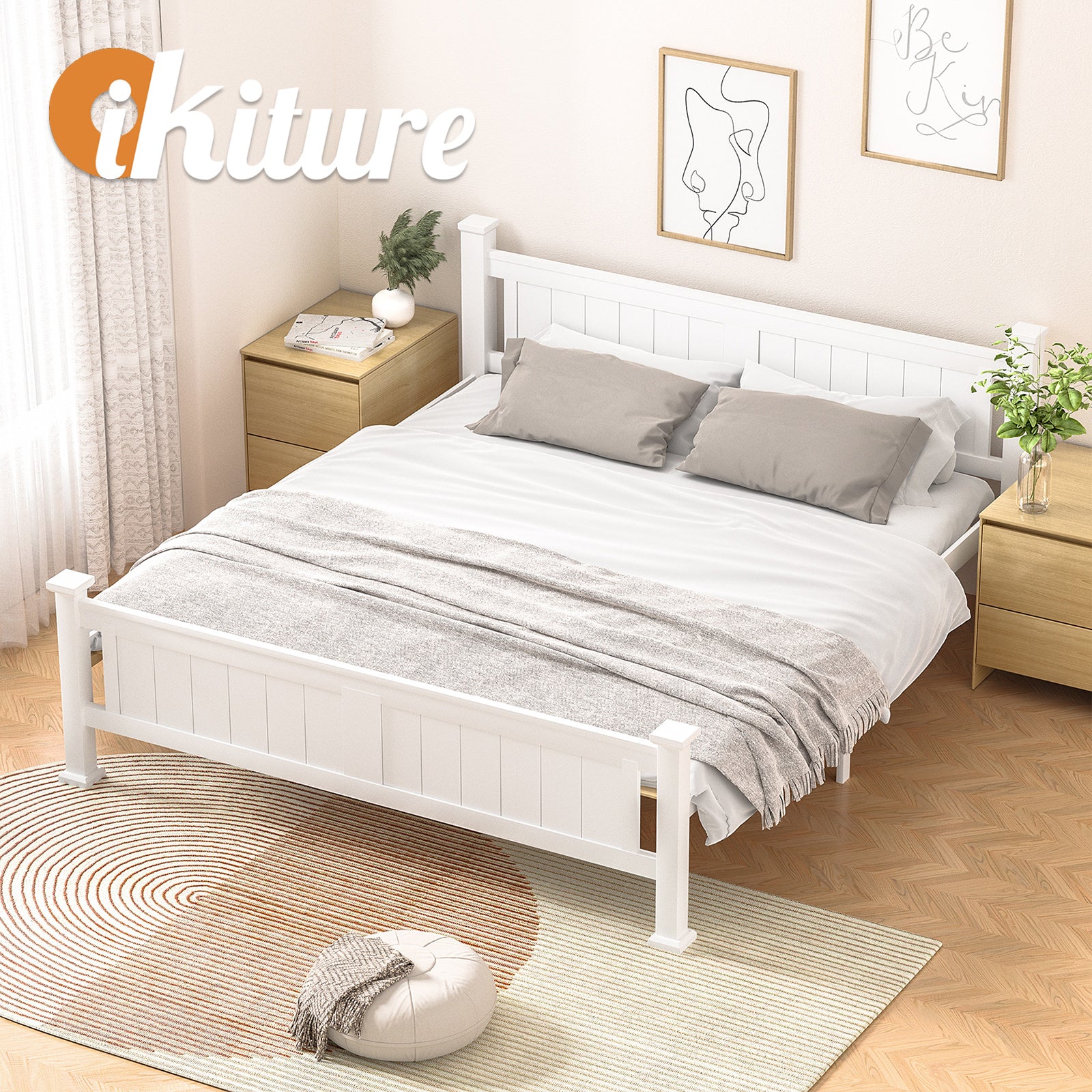 Oikiture Bed Frame Double Size Pine Wooden Timber Mattress Base Platform Bedroom - Sunyee