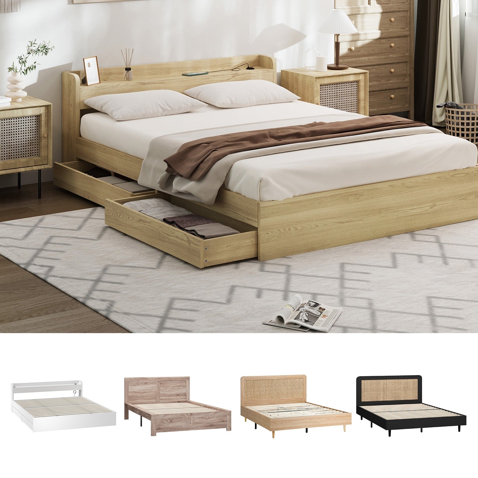 Oikiture Bed Frame Queen Double King Single Size Wooden Bed Platform Timber - Sunyee