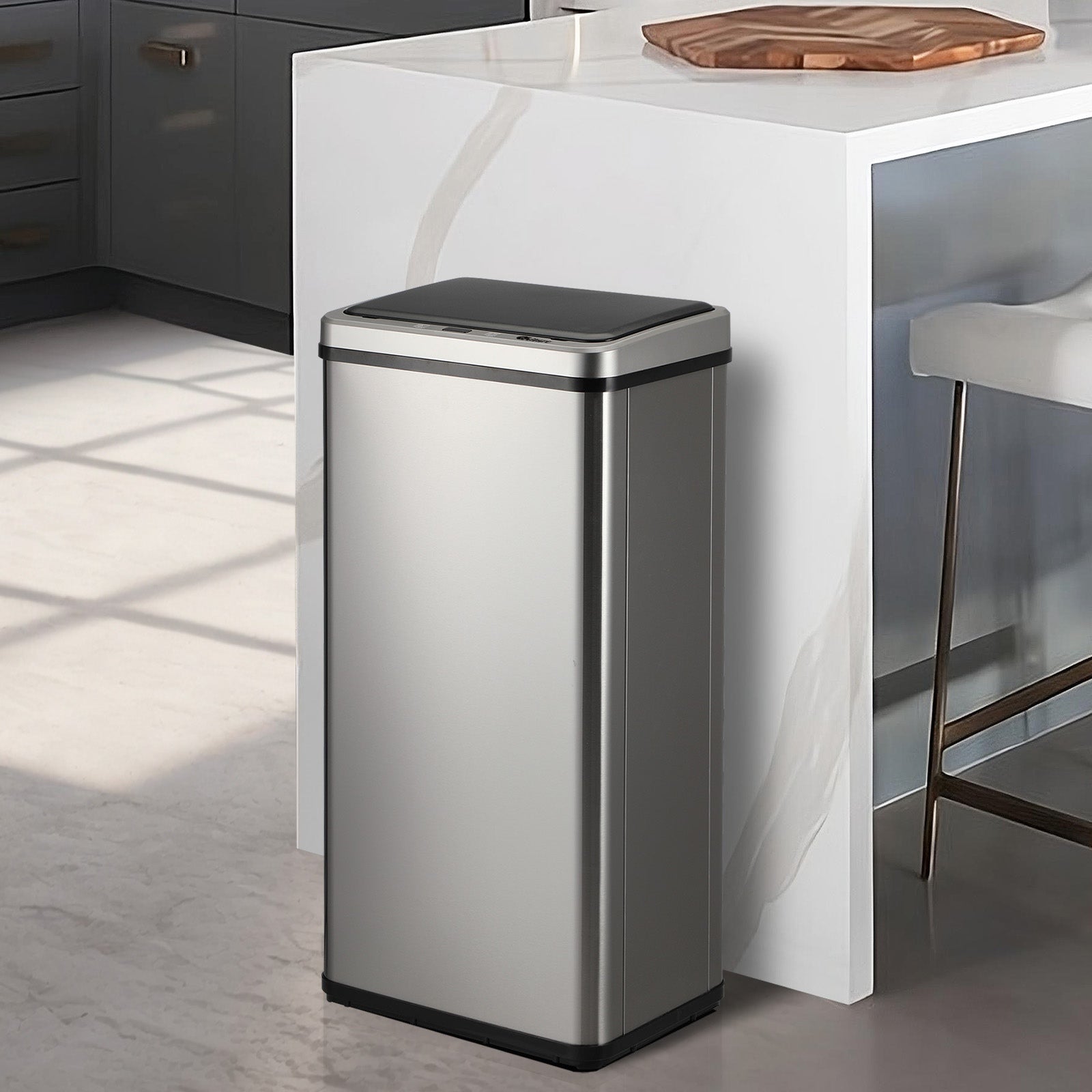 Oikiture 50L Motion Sensor Bin Automatic Rubbish Trash Can Kitchen Silver - Sunyee