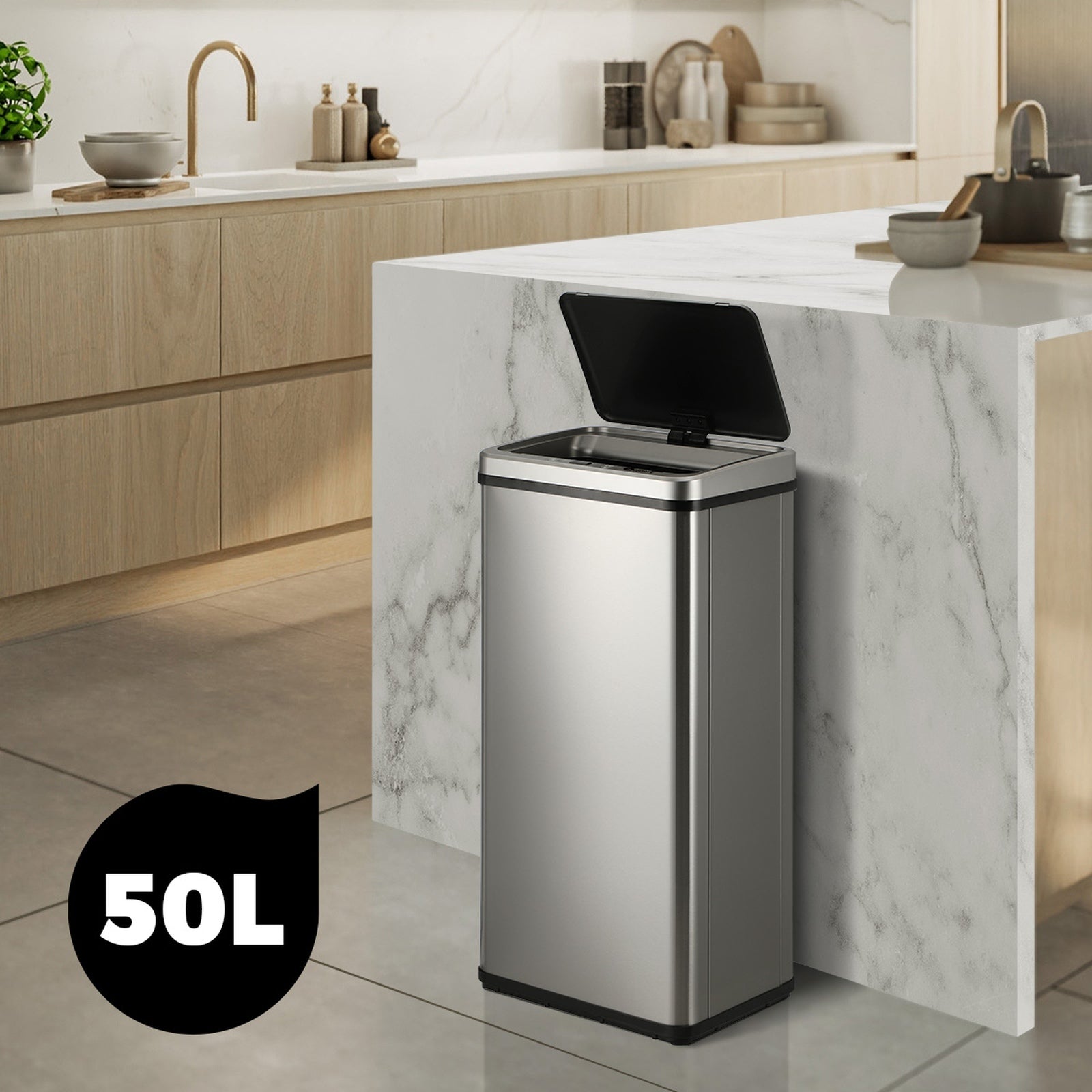 Oikiture 50L Motion Sensor Bin Automatic Rubbish Trash Can Kitchen Silver - Sunyee